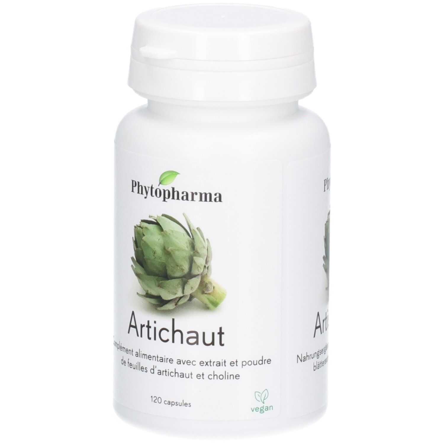 Phytopharma Artischocke Tabletten: Flasche mit Artischocken-Abbildung und Text.