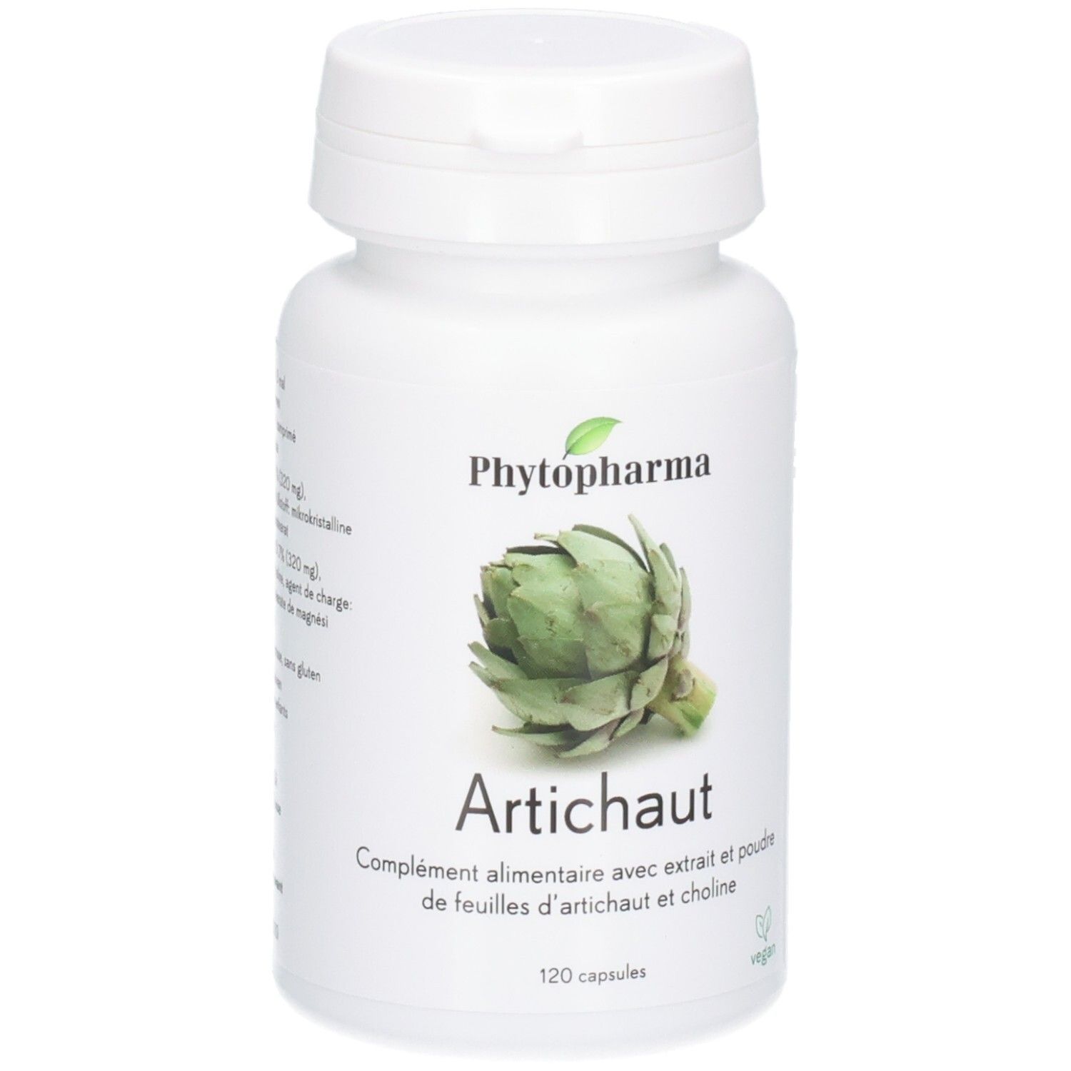 Phytopharma Artischocke Tabletten: Flasche mit Artischocken-Abbildung und Text.