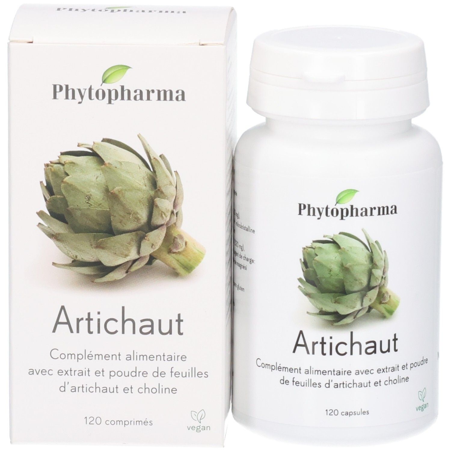 Phytopharma Artischocke: Flasche und Kartonverpackung mit Artischocken-Abbildung und Text.