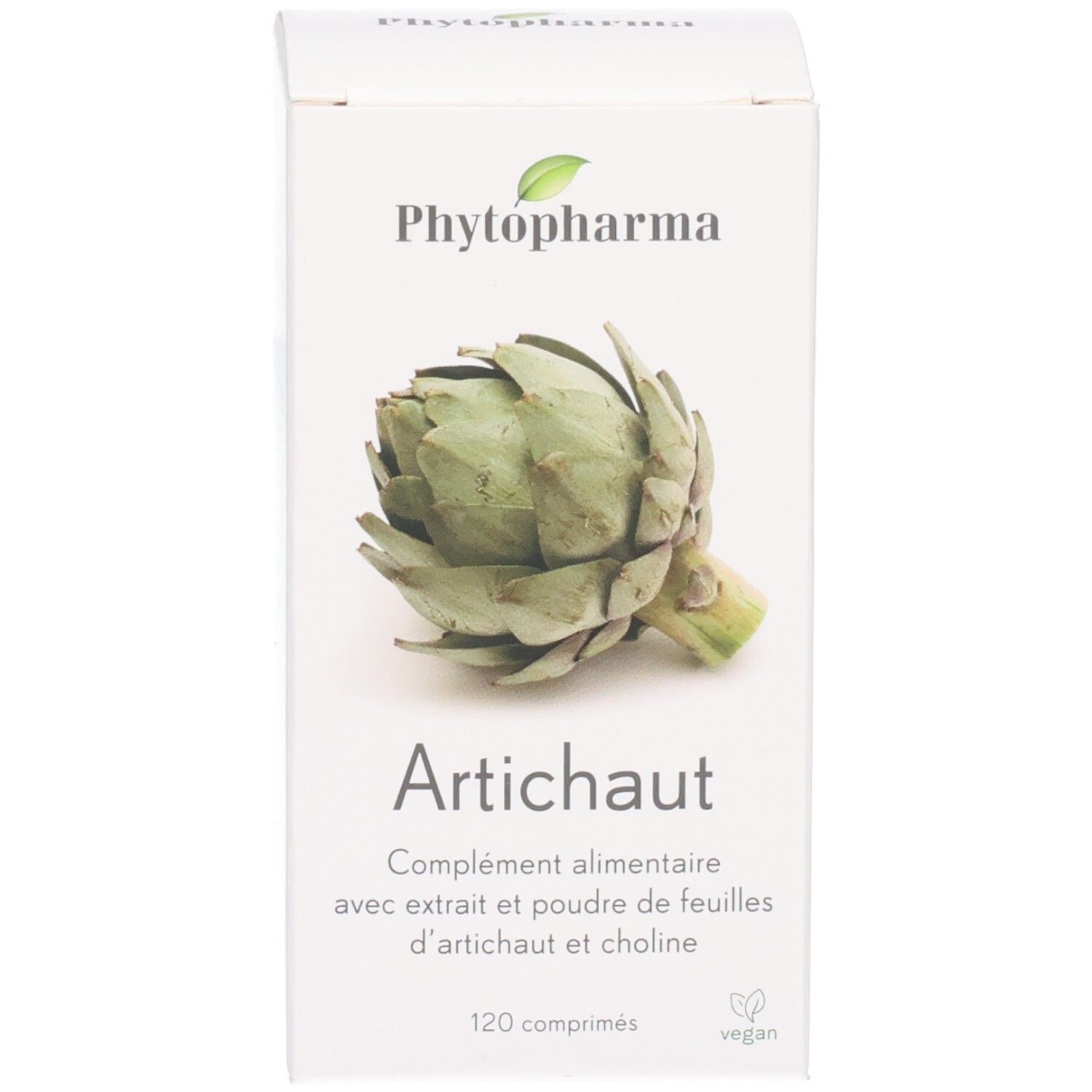 Kartonverpackung Phytopharma Artischocke: Mit Artischocken-Abbildung und Text.