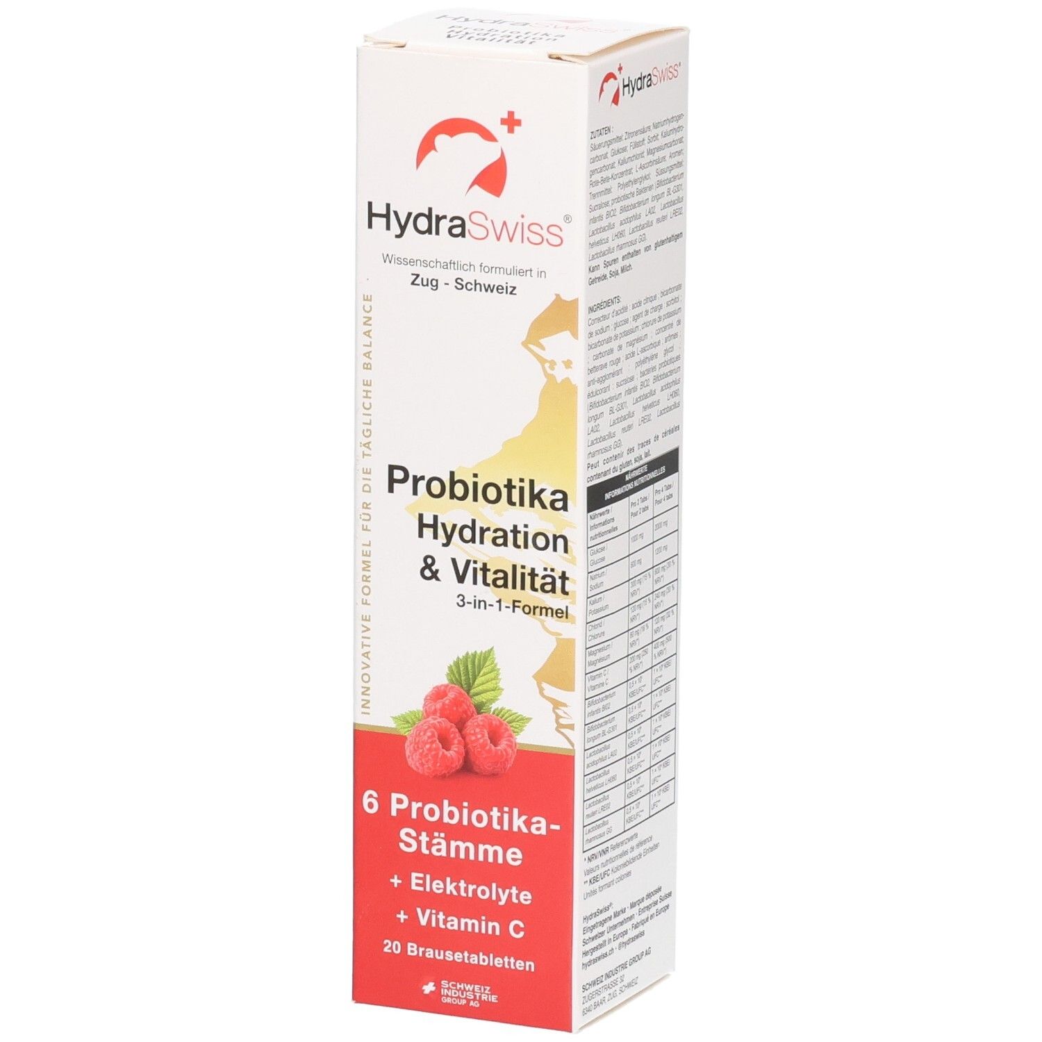 HydraSwiss Brausetabletten mit Himbeergeschmack, 20 Stück. Enthält 6 Probiotika-Stämme, Elektrolyte und Vitamin C.