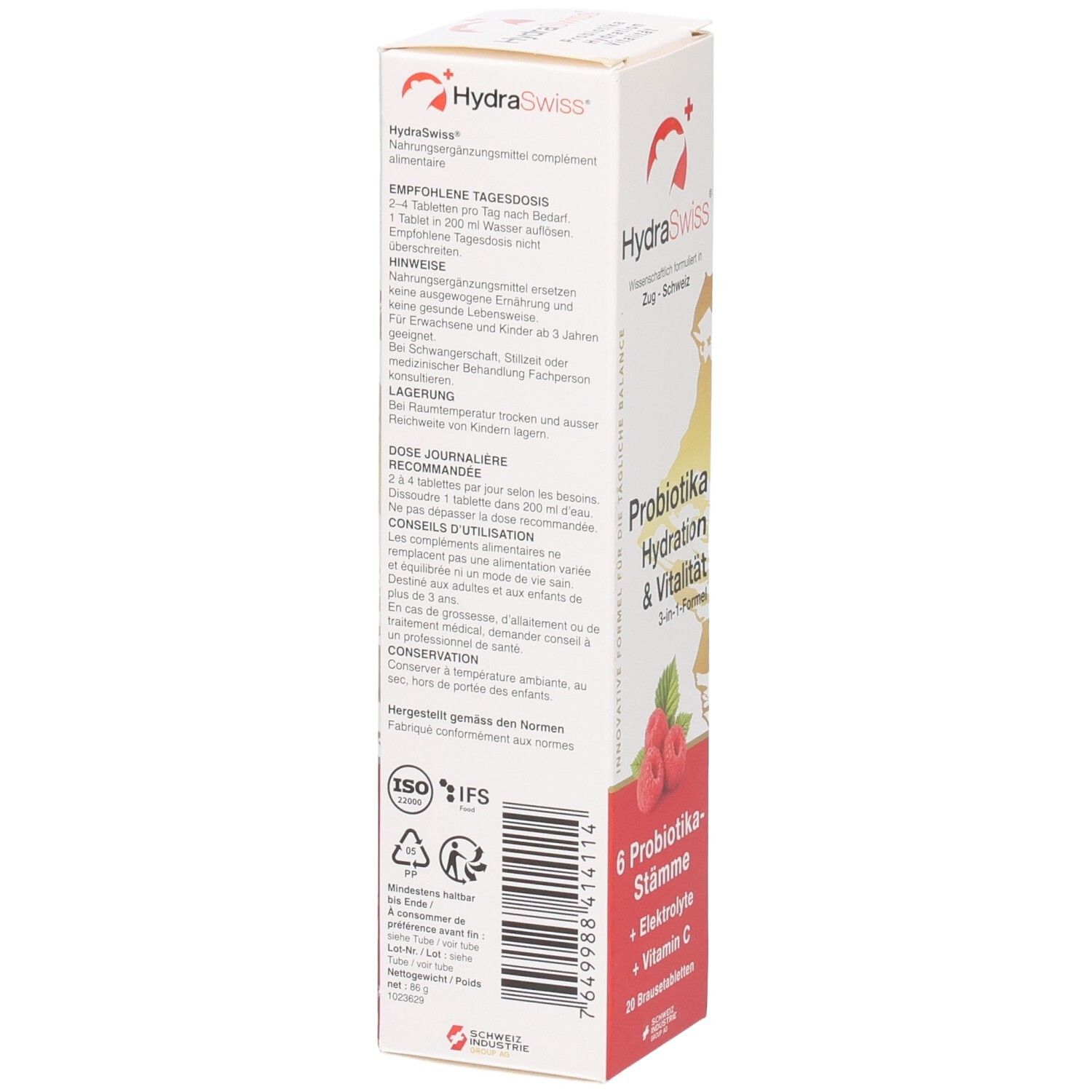 Rückseite der HydraSwiss Brausetabletten-Verpackung mit detaillierten Anwendungshinweisen und Inhaltsstoffen.