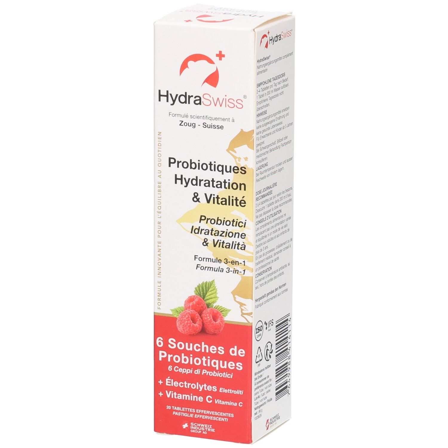 HydraSwiss Brausetabletten mit Himbeergeschmack, 20 Stück. Enthält 6 Probiotika-Stämme, Elektrolyte und Vitamin C.