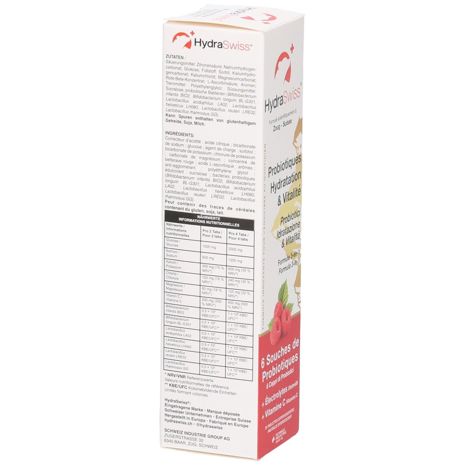 HydraSwiss Brausetabletten mit Himbeergeschmack, 20 Stück. Enthält 6 Probiotika-Stämme, Elektrolyte und Vitamin C.