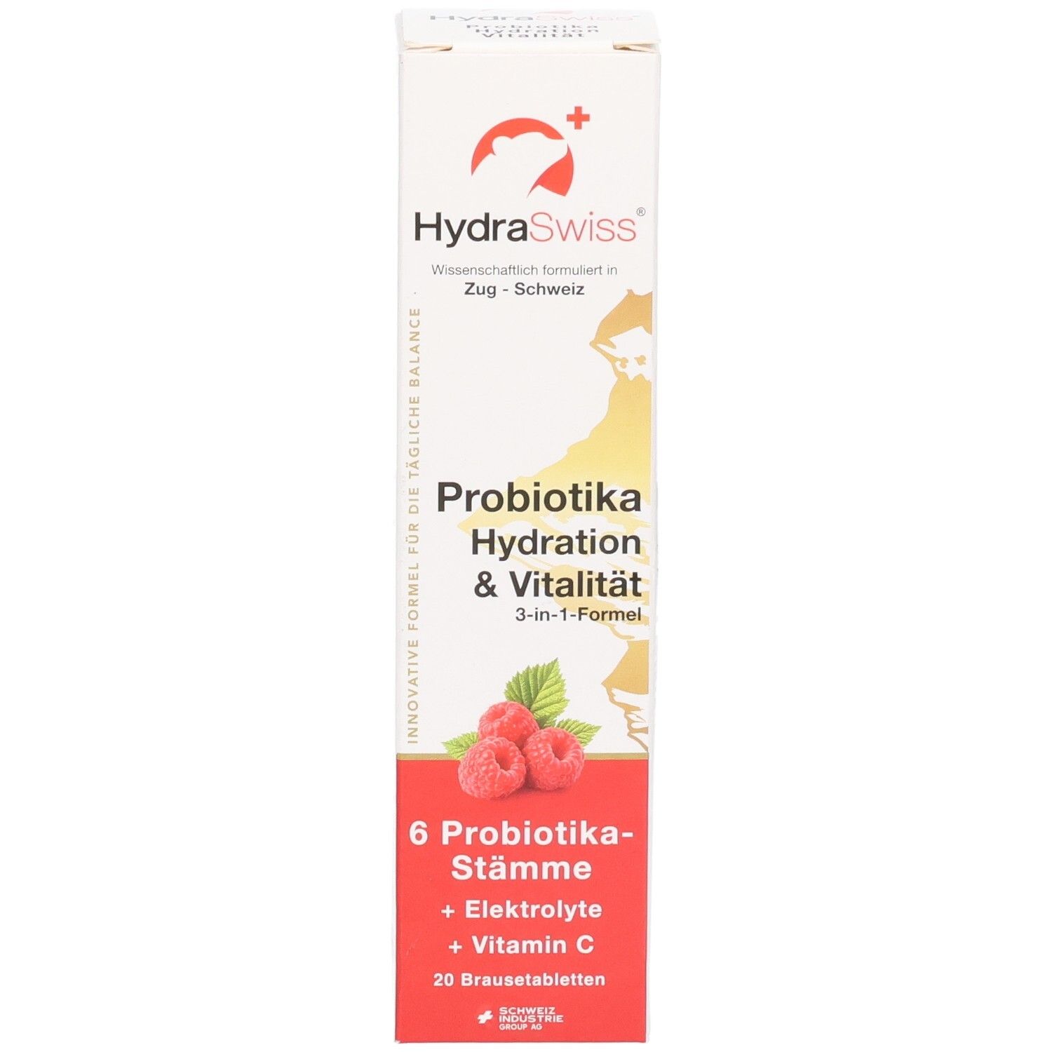 HydraSwiss Brausetabletten mit Himbeergeschmack, 20 Stück. Enthält 6 Probiotika-Stämme, Elektrolyte und Vitamin C.