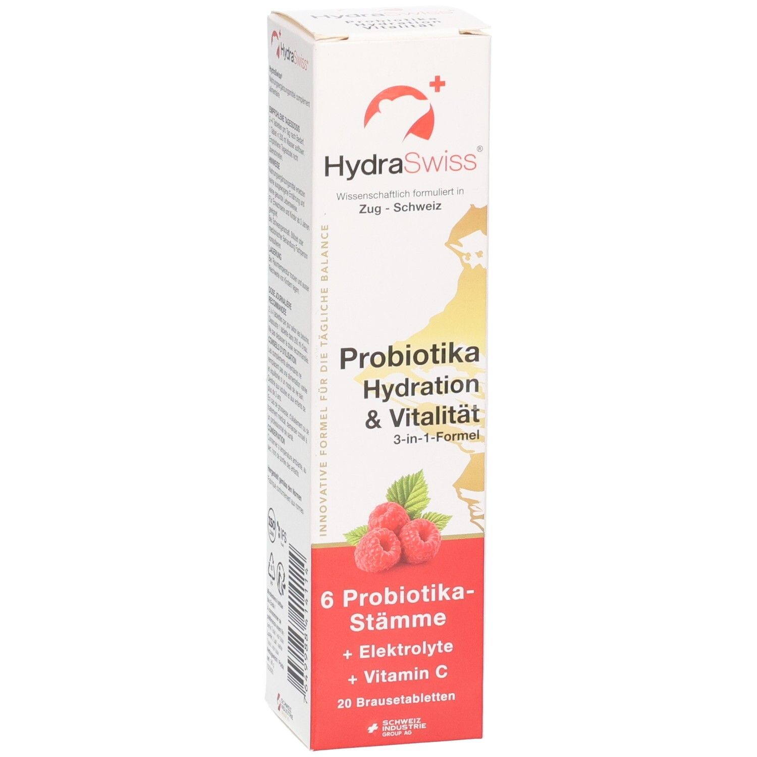 HydraSwiss Brausetabletten mit Himbeergeschmack, 20 Stück. Enthält 6 Probiotika-Stämme, Elektrolyte und Vitamin C.