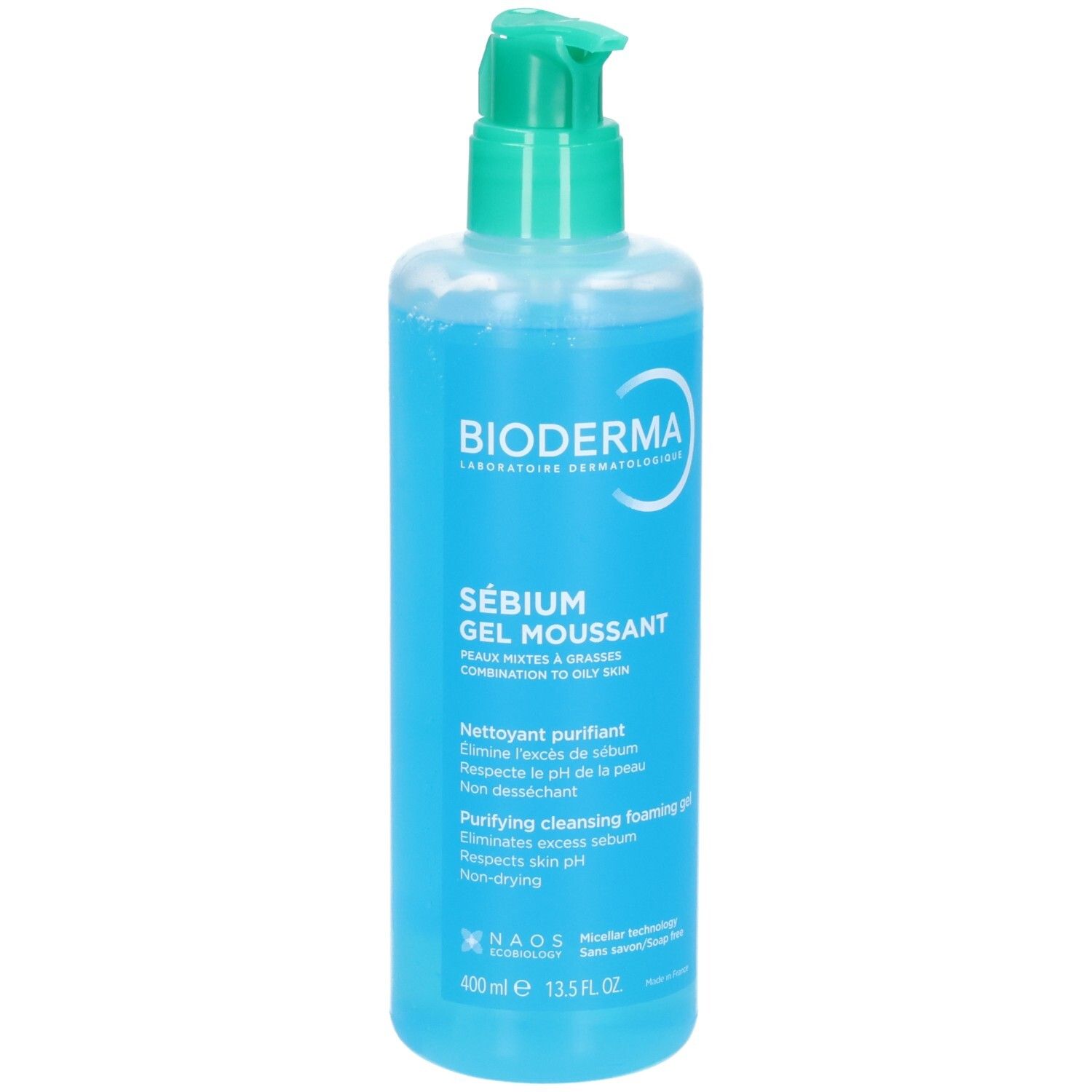 Bioderma Sébium Gel Moussant gel nettoyant dans une bouteille bleue avec pompe, 400ml.