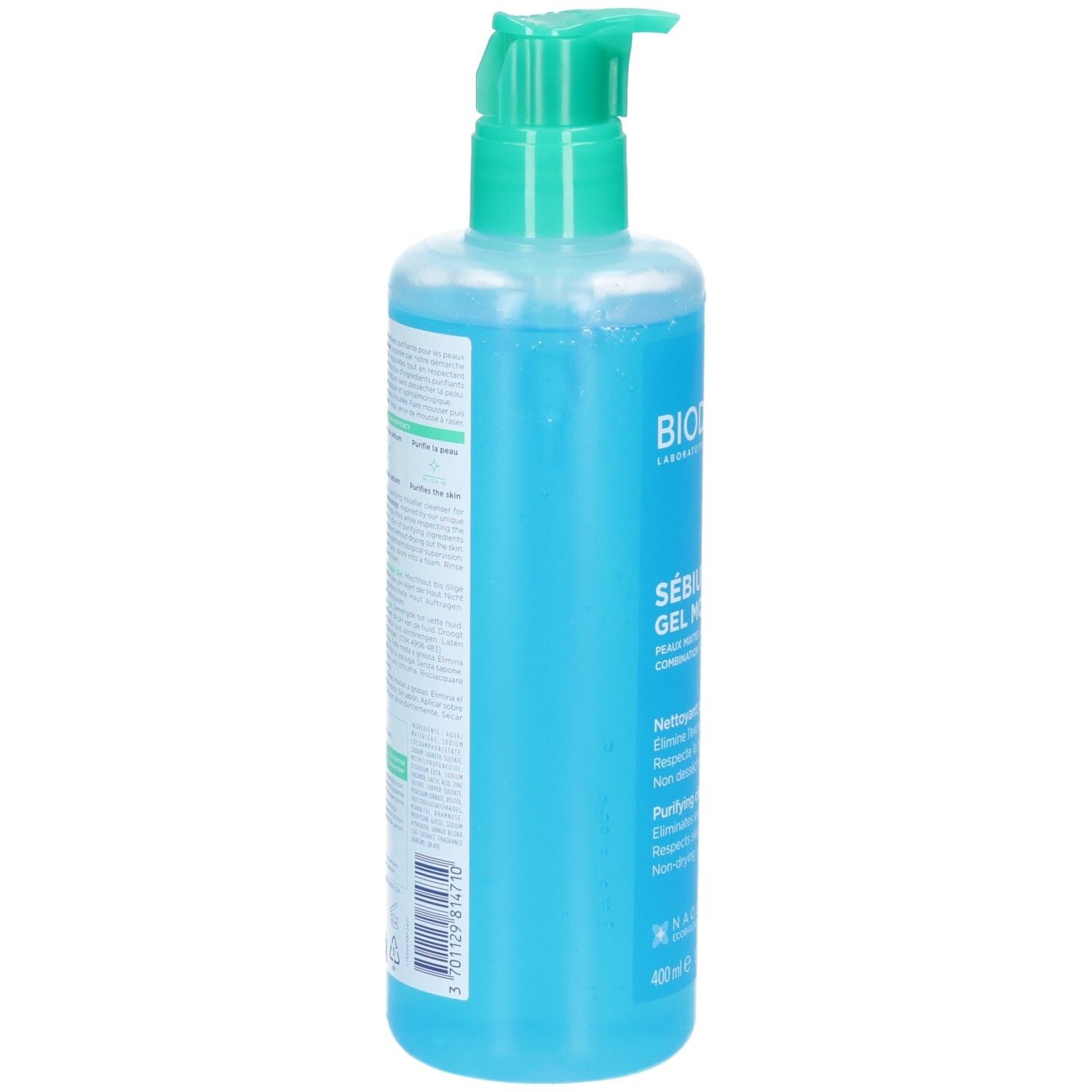 Dos de la bouteille Bioderma Sébium Gel Moussant avec ingrédients et instructions.
