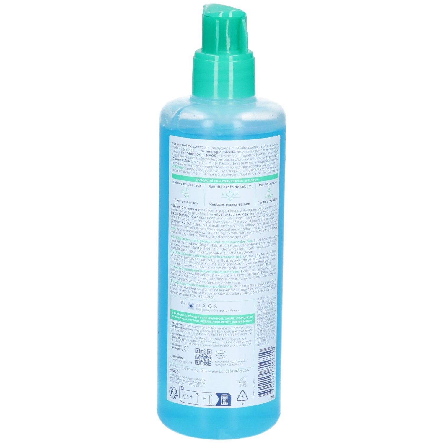 Dos de la bouteille Bioderma Sébium Gel Moussant avec informations produit et code QR.