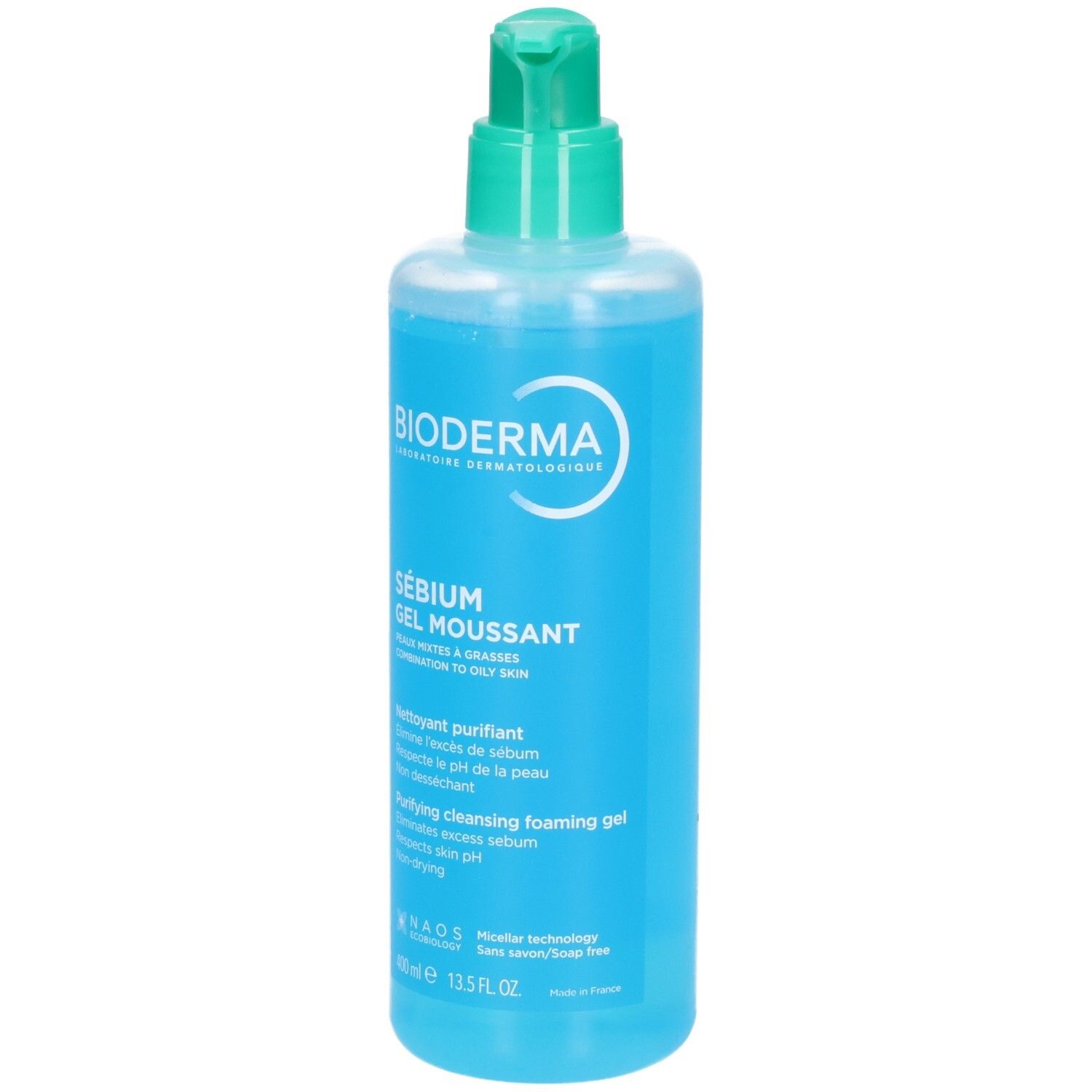 Bioderma Sébium Gel Moussant gel nettoyant dans une bouteille bleue avec pompe, 400ml.