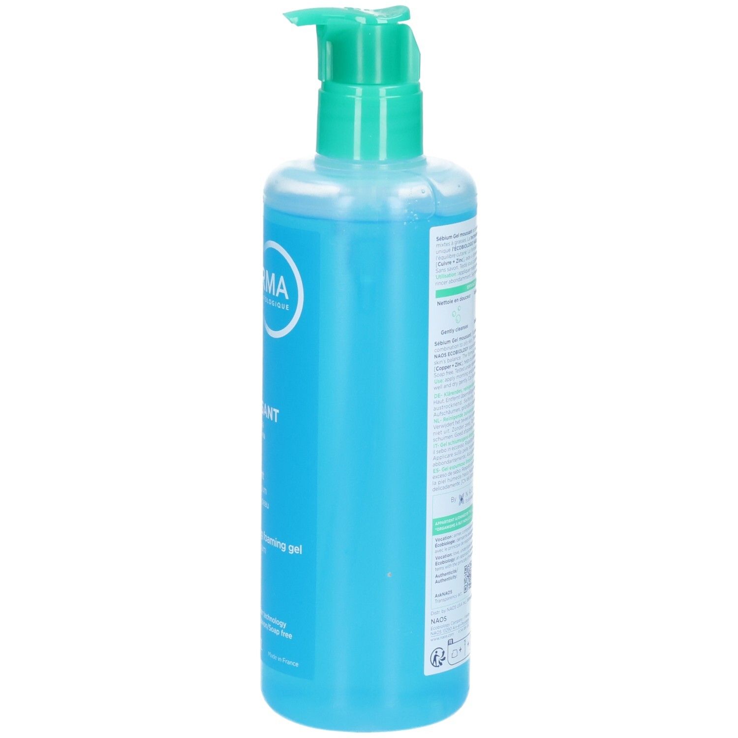 Vue latérale de la bouteille Bioderma Sébium Gel Moussant avec gel bleu et pompe.