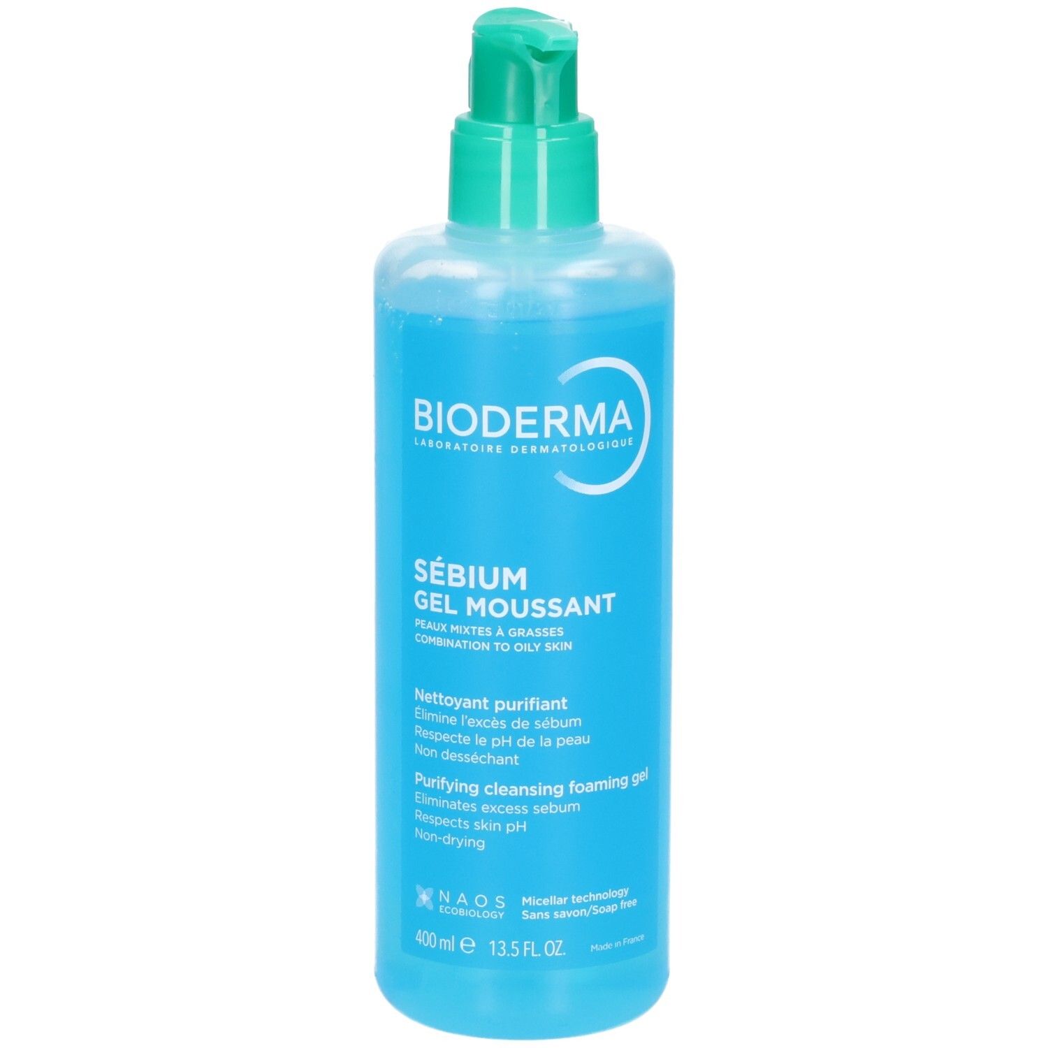 Bioderma Sébium Gel Moussant gel nettoyant dans une bouteille bleue avec pompe, 400ml.