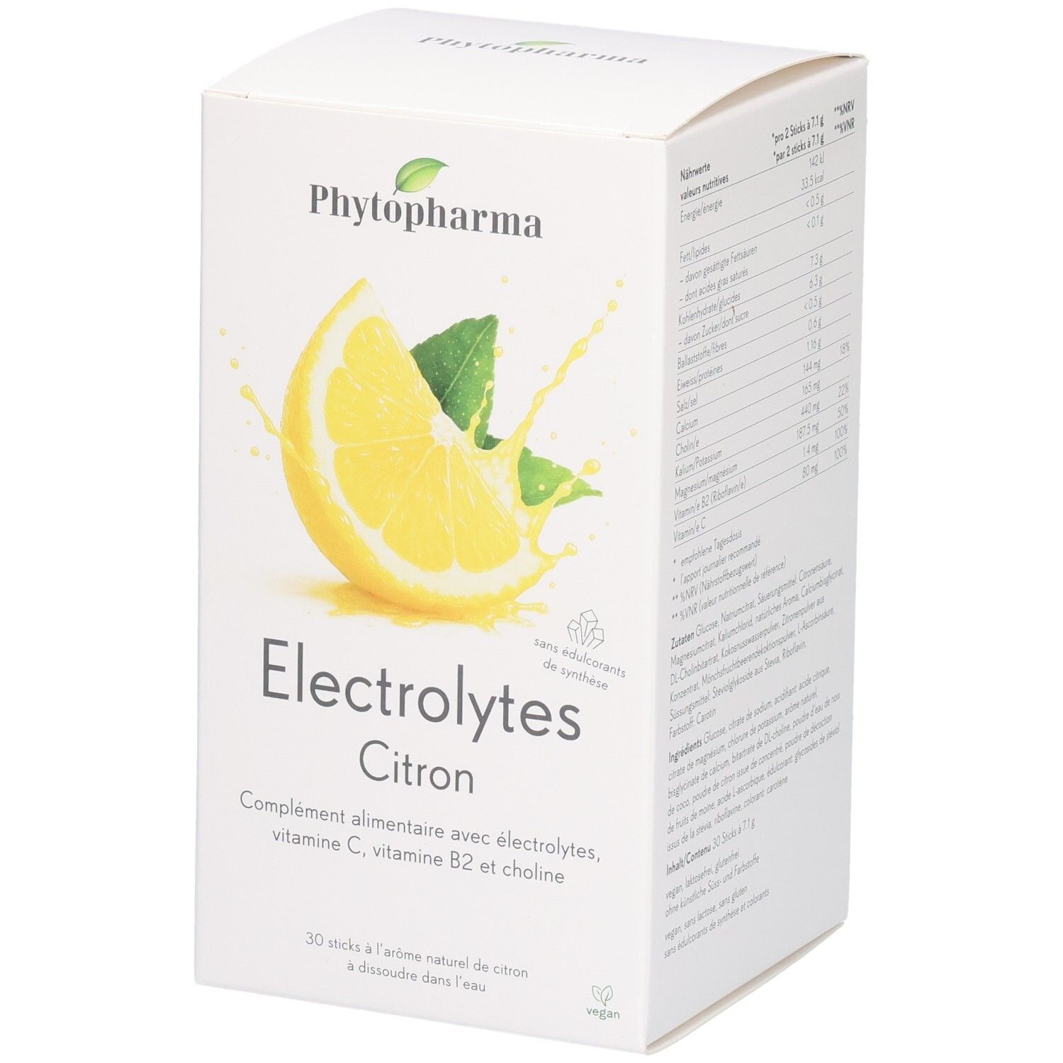 Phytopharma Elektrolyte Zitrone: Kartonverpackung mit Zitronenabbildung und Nährwertangaben.