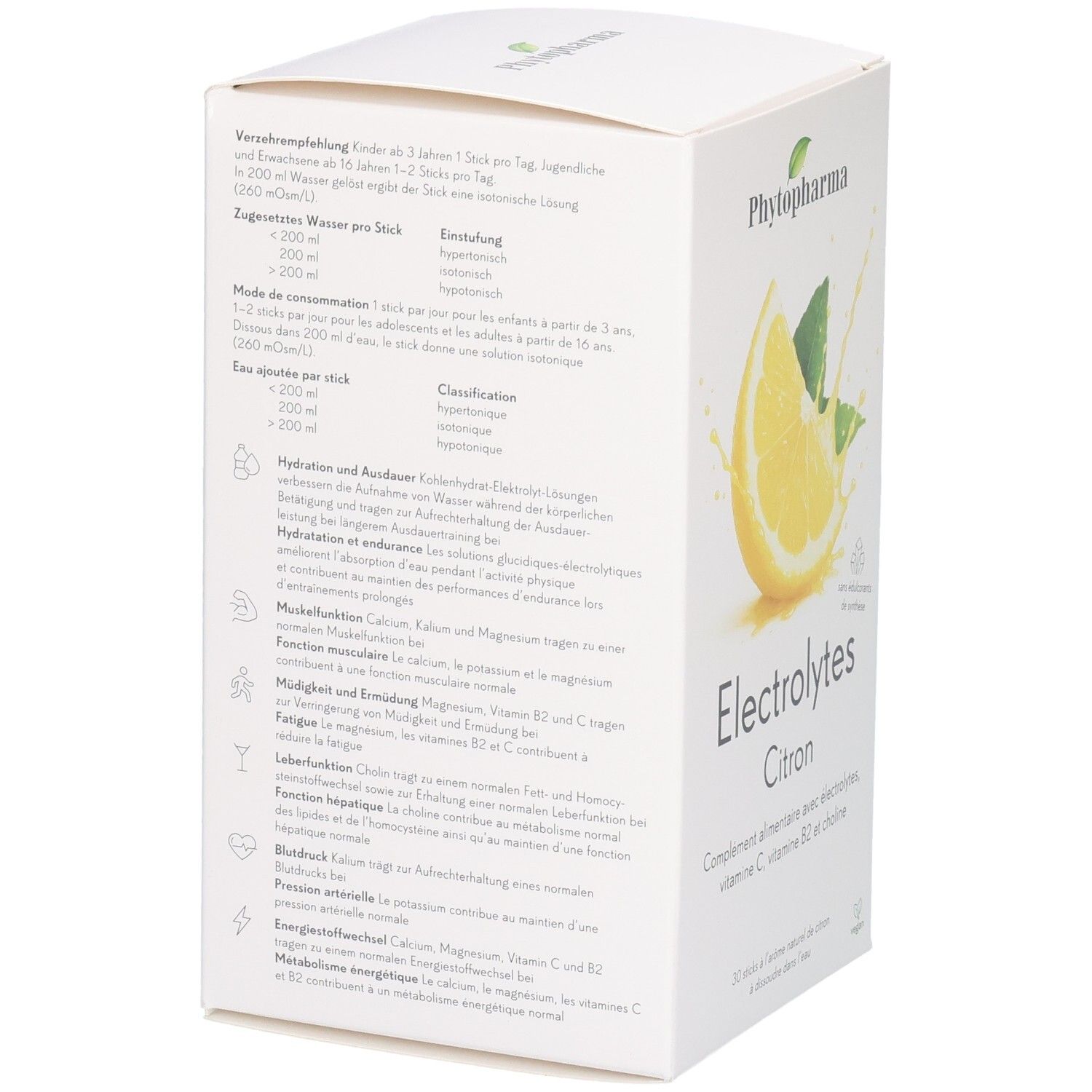 Rückseite der Phytopharma Elektrolyte Zitrone Verpackung mit Anwendungshinweisen und Inhaltsstoffen.