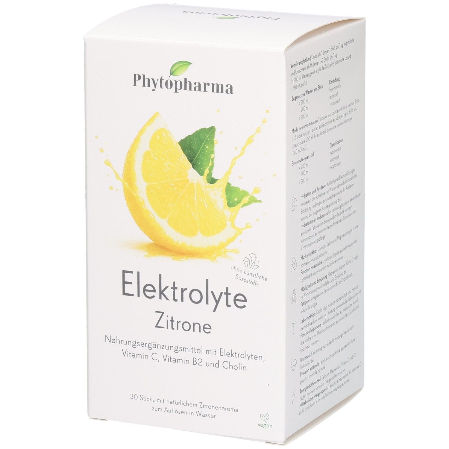 Phytopharma Elektrolyte Zitrone: Kartonverpackung mit Zitronenabbildung und Nährwertangaben.