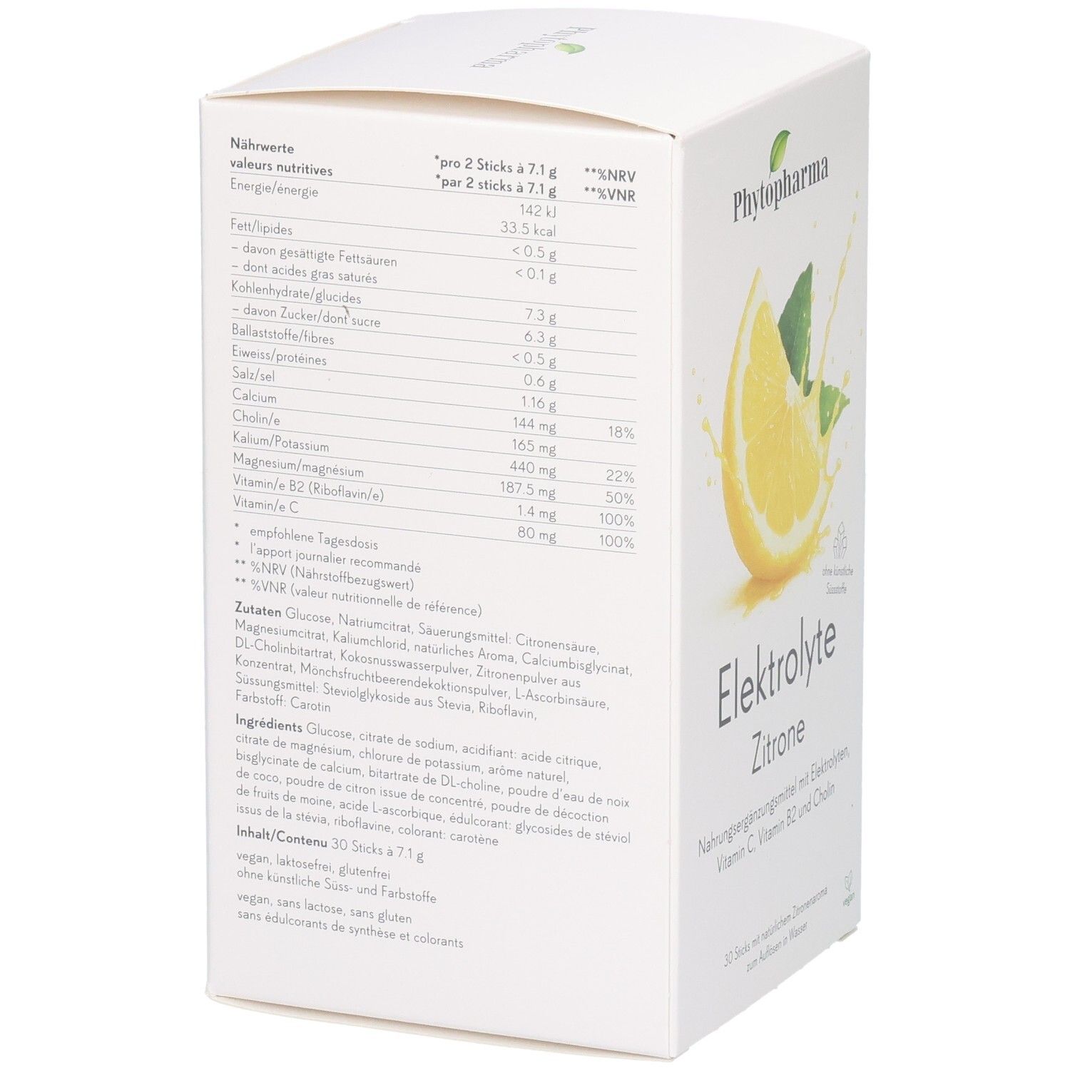 Detailansicht der Phytopharma Elektrolyte Zitrone Verpackung mit Nährwerttabelle und Zutatenliste.