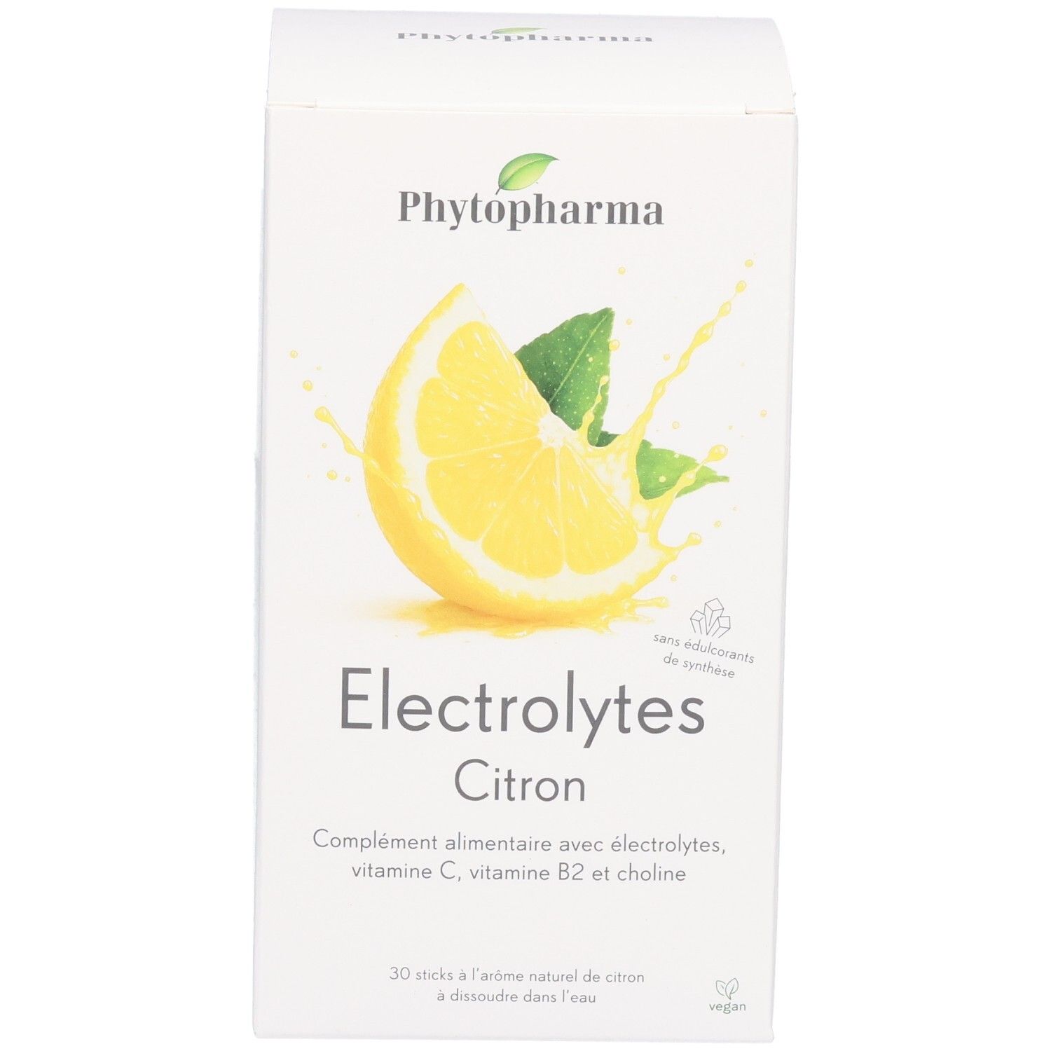 Phytopharma Elektrolyte Zitrone: Kartonverpackung mit Zitronenabbildung und Hinweisen zu Vitaminen.