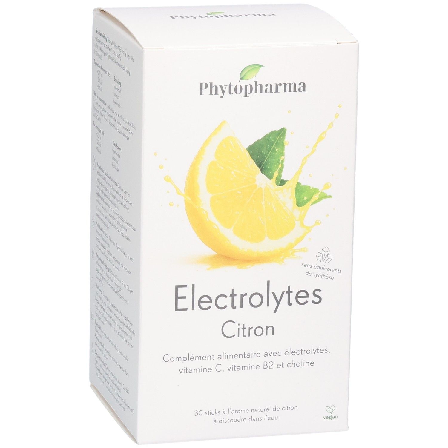 Phytopharma Elektrolyte Zitrone: Kartonverpackung mit Zitronenabbildung und Hinweisen zu Vitaminen.