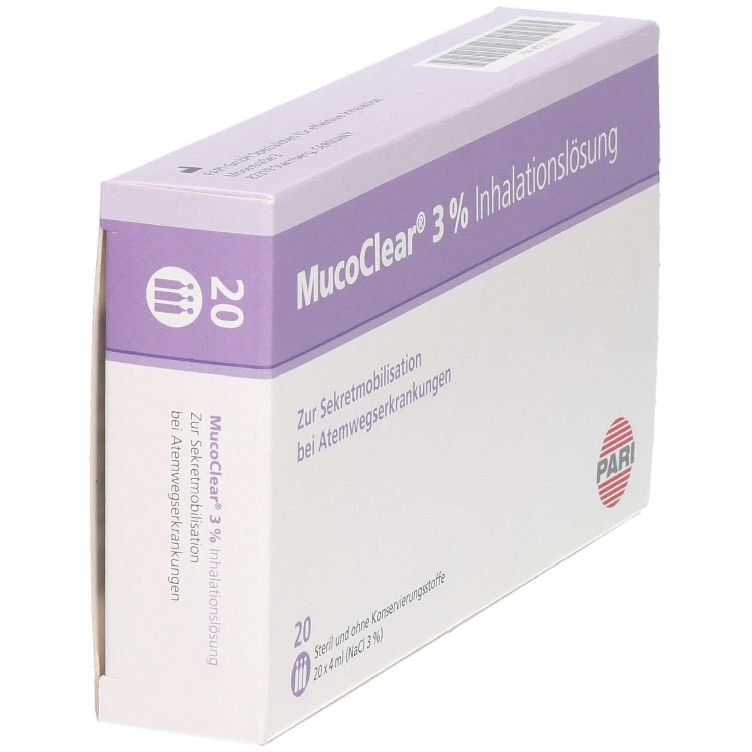 Packung MucoClear 3% Inhalationslösung, Seite mit 20 Ampullen-Symbol.