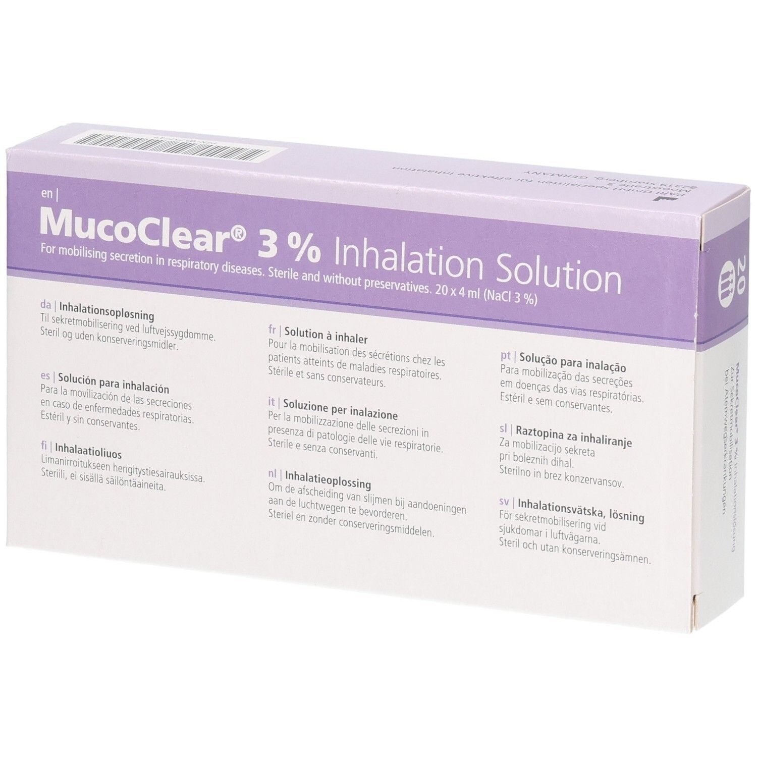 Packung MucoClear 3% Inhalationslösung, Rückseite mit mehrsprachigen Informationen.