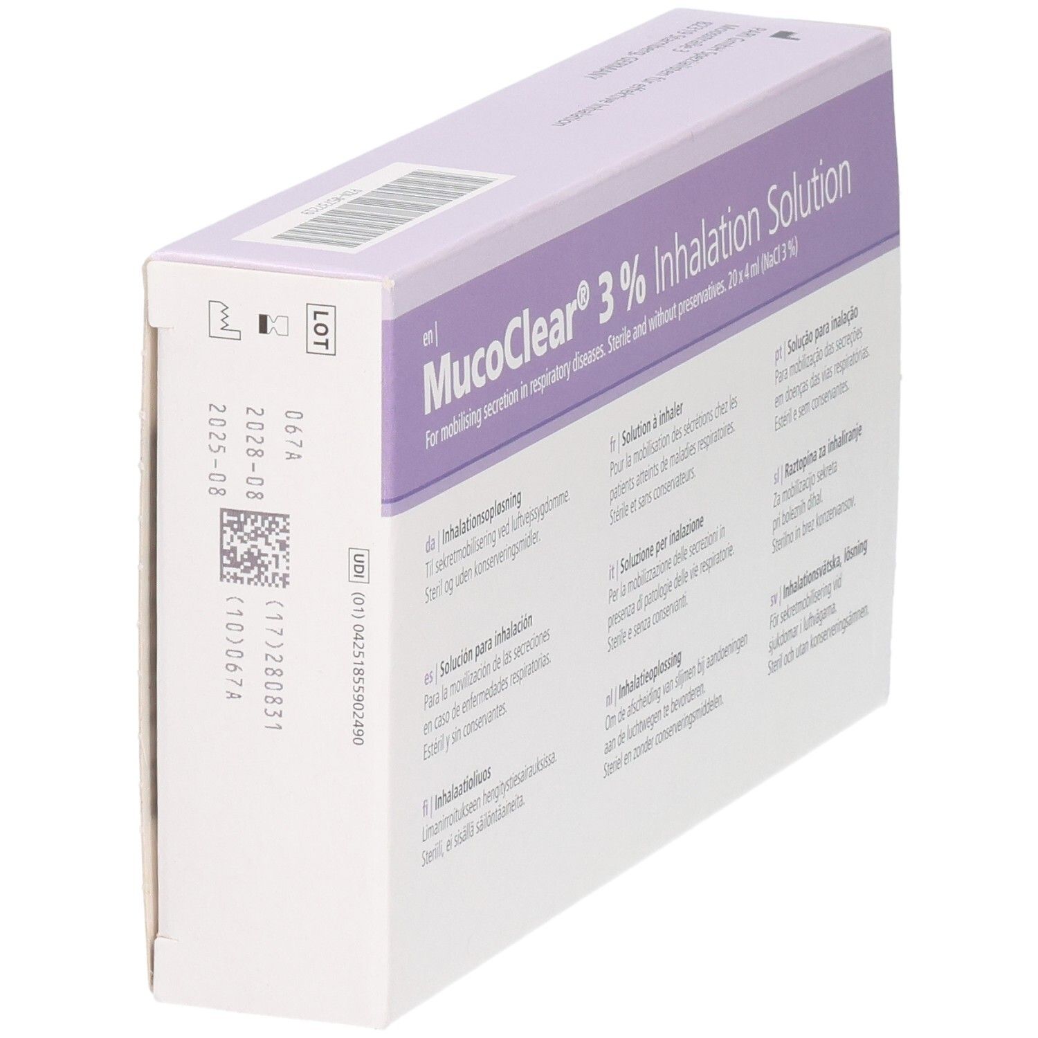 Packung MucoClear 3% Inhalationslösung, Seite mit Chargennummer und Verfallsdatum.