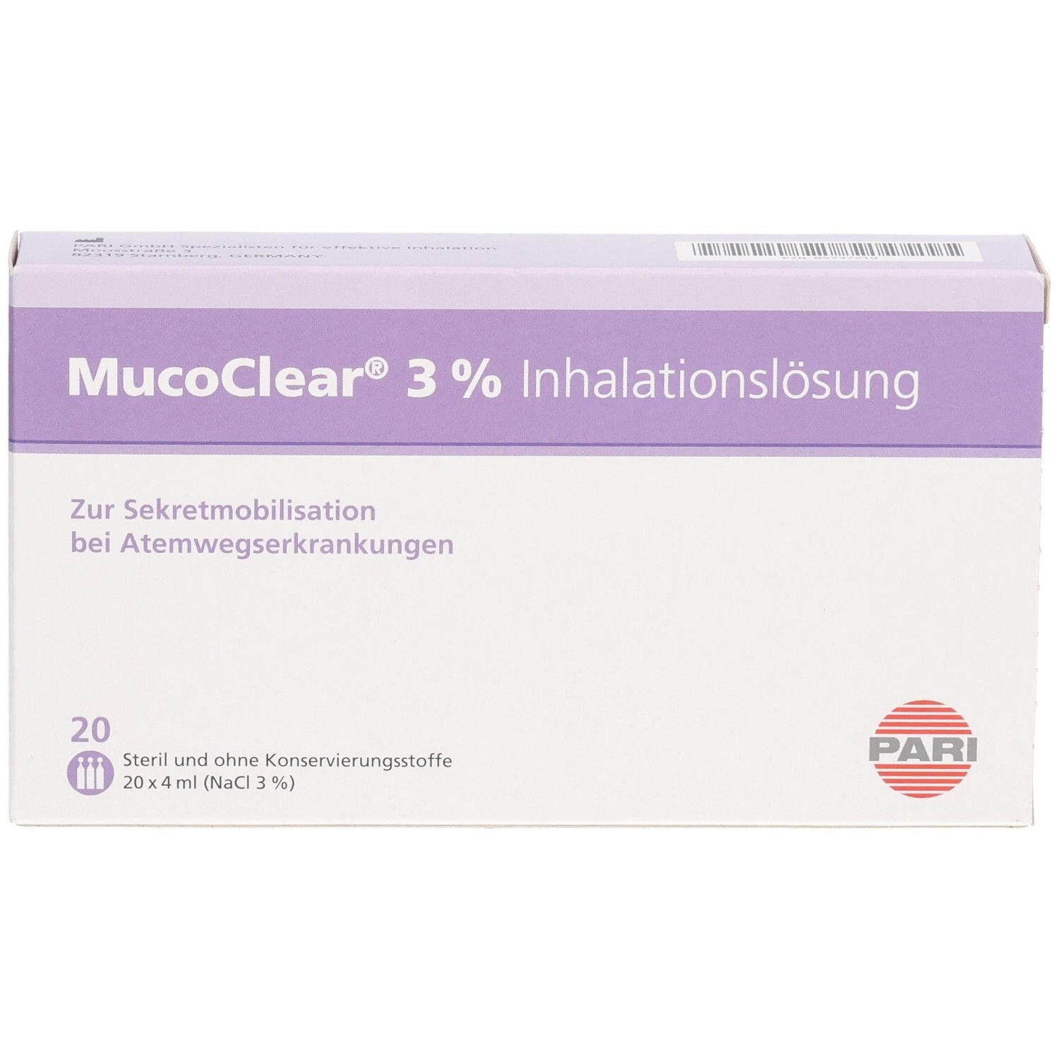 Packung MucoClear 3% Inhalationslösung, Vorderseite mit Produktinformationen und PARI Logo.