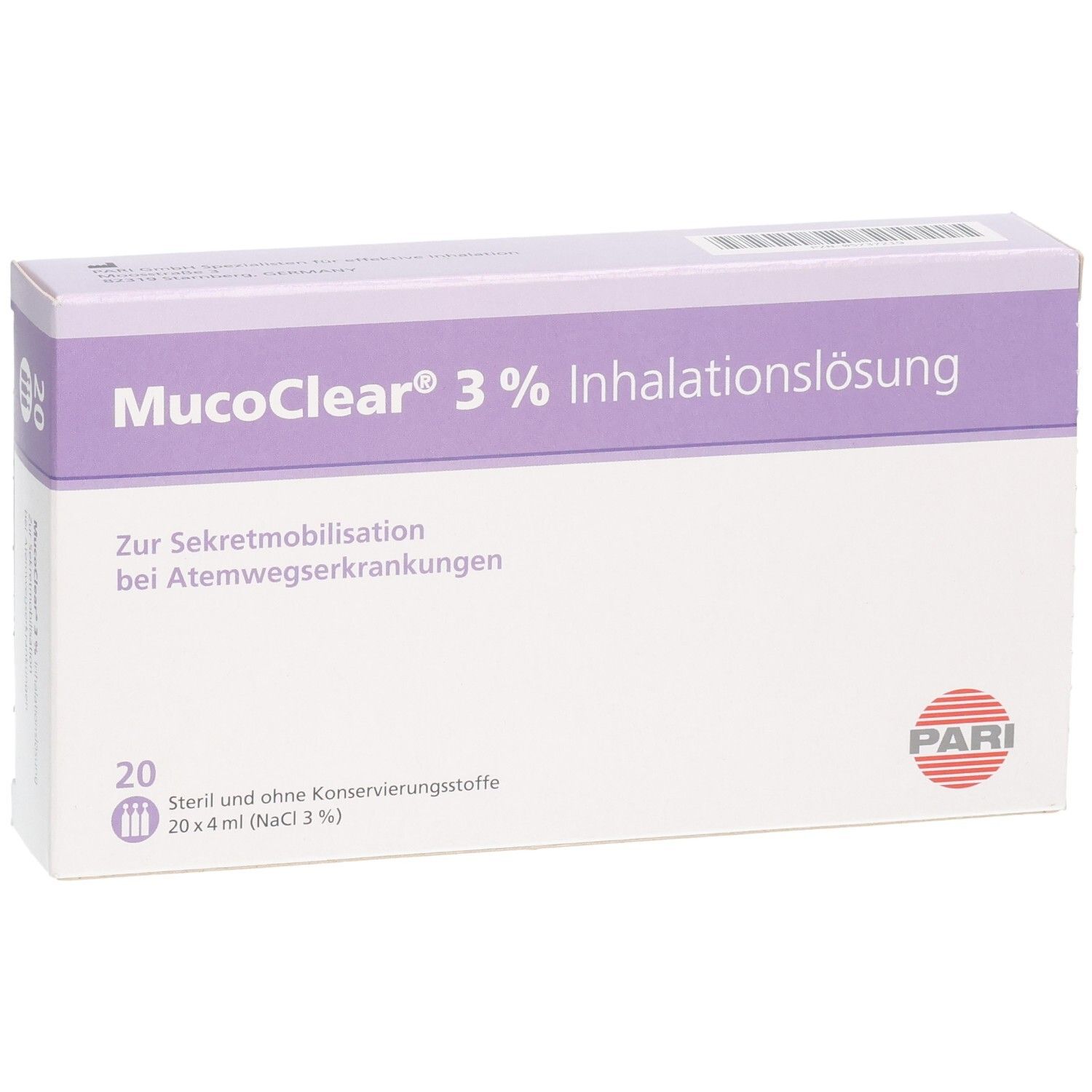 Packung MucoClear 3% Inhalationslösung, leicht schräg von vorne.