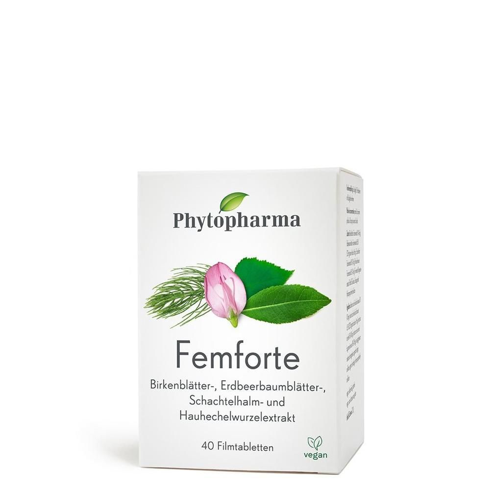 Phytopharma Femforte Filmtabletten Verpackung mit 40 Stück. Enthält Birkenblätter-, Erdbeerbaumblätter-, Schachtelhalm- und Hauhechelwurzelextrakt.