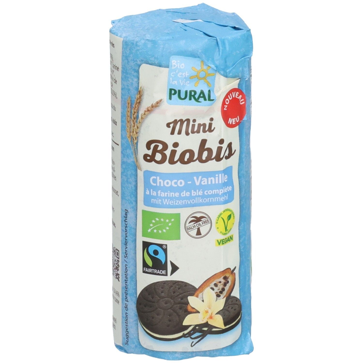 Pural Mini Biobis Weizen-Doppelkekse mit Vanillecremefüllung, 85g Packung.