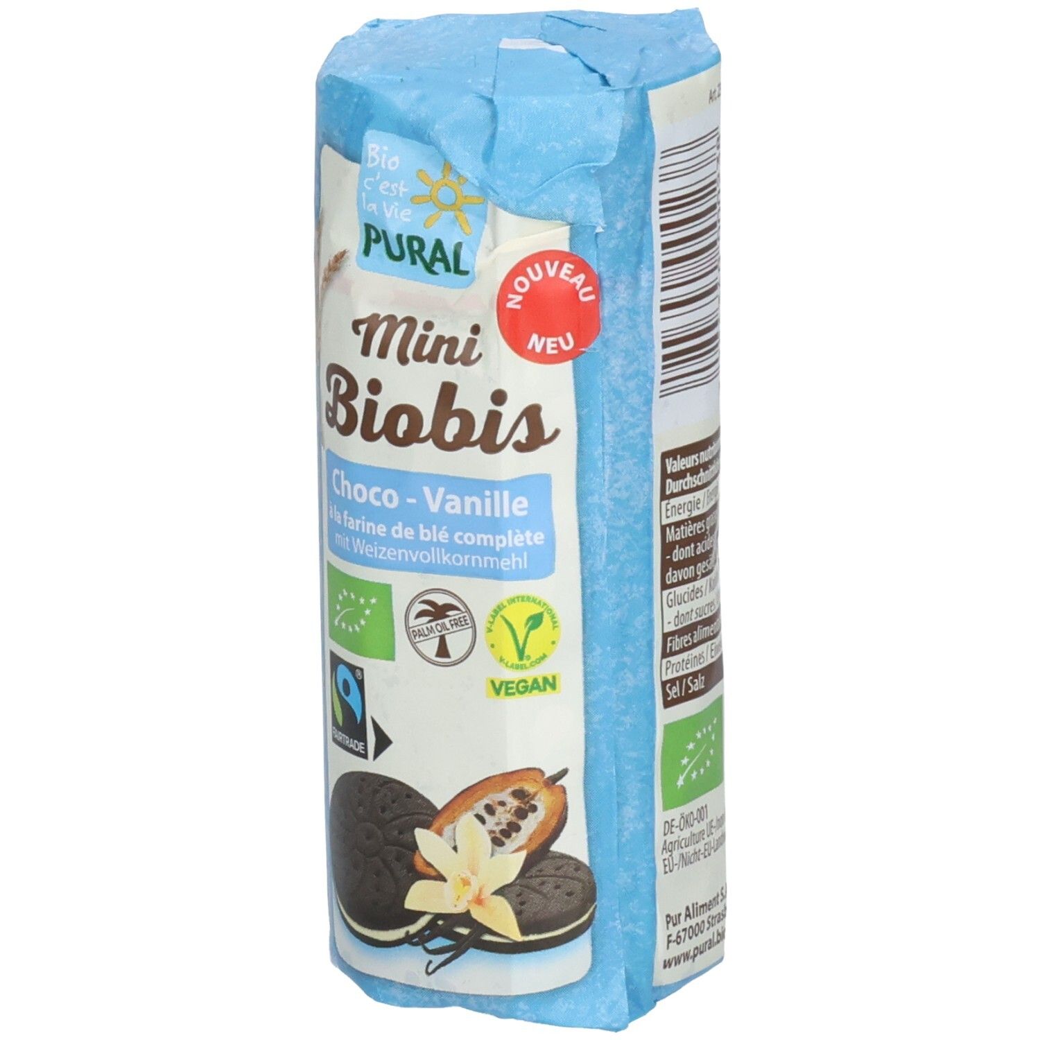Vorderseite Pural Mini Biobis Kekse: Bio-Siegel, Fairtrade und Vegan-Logo.