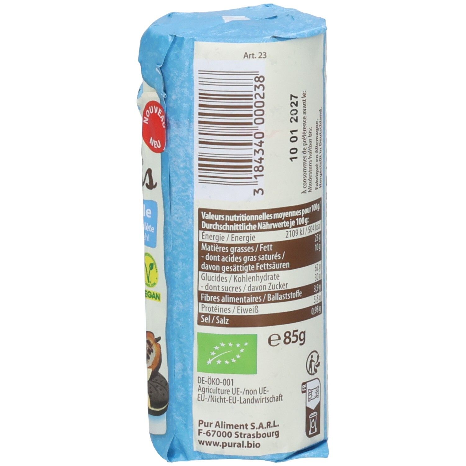 Seitenansicht Pural Mini Biobis Kekse: Nährwerttabelle und Produktgewicht 85g.