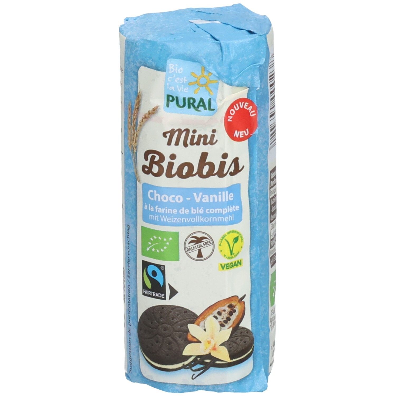 Pural Mini Biobis Kekse: Choco-Vanille, Vollkorn, 85g Packung mit Produktabbildung.