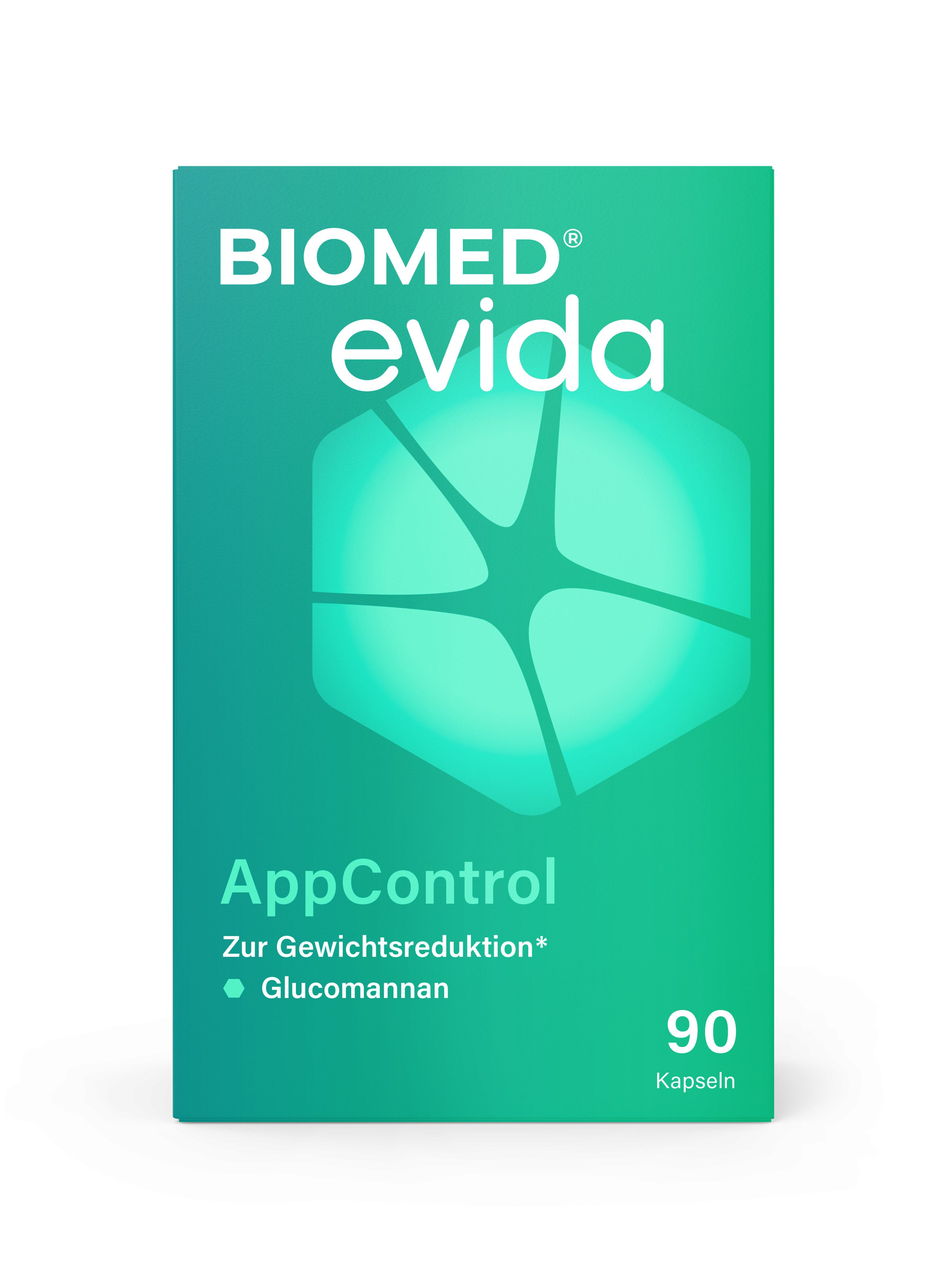 Biomed Evida AppControl Verpackung mit 90 Kapseln, zur Gewichtsreduktion mit Glucomannan.