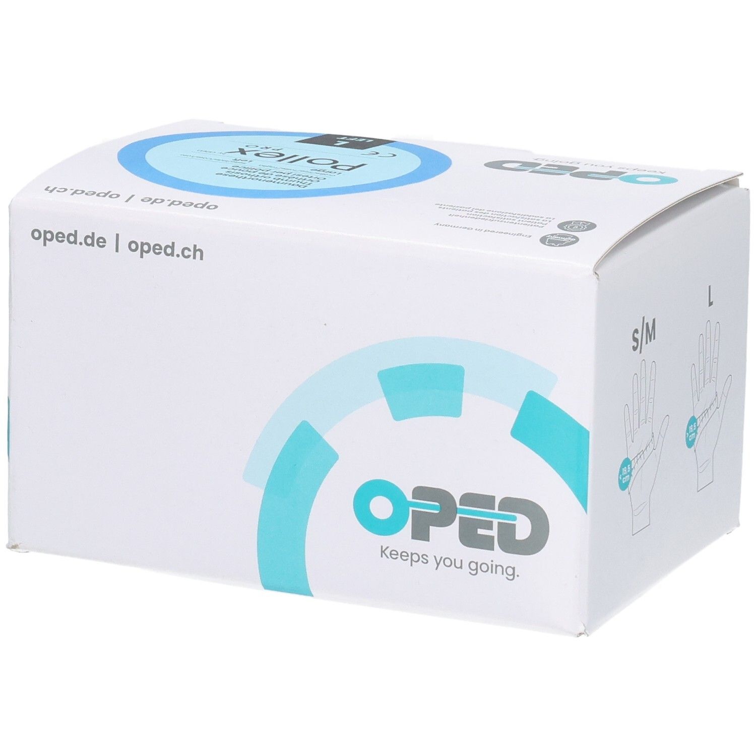 Verpackung des OPED Pollex Pro Daumenfixierung, Größe L, links. Vorderseite mit Logo und Produktbezeichnung.