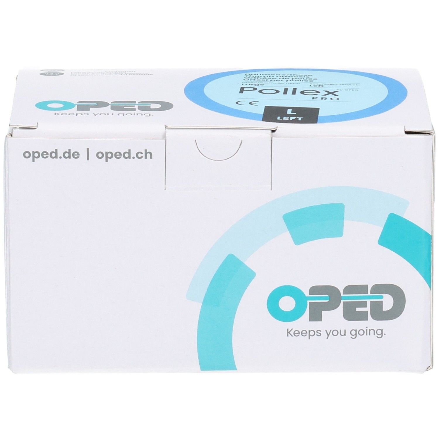 Seitenansicht der Verpackung des OPED Pollex Pro Daumenfixierung, Größe L, links. OPED Logo und Webadresse sichtbar.