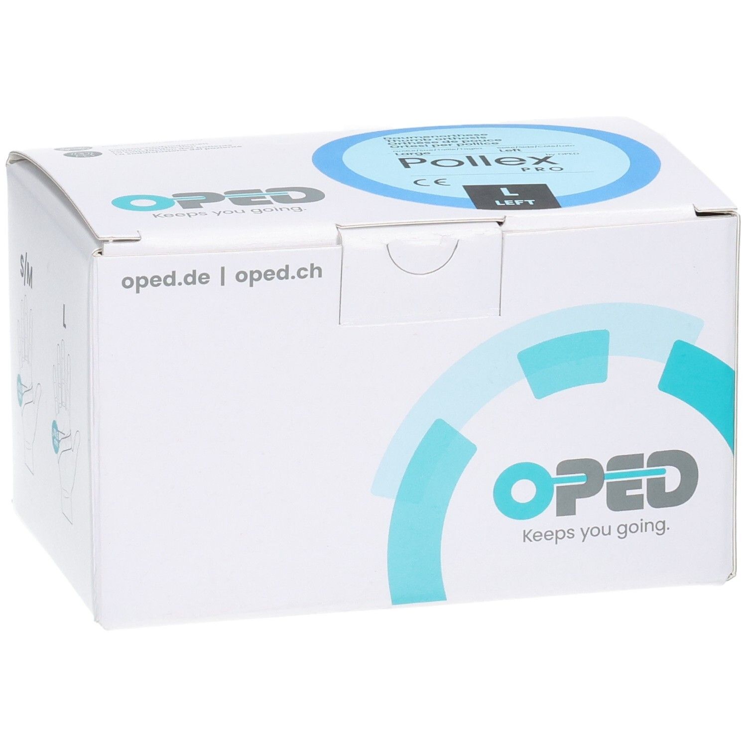 Verpackung des OPED Pollex Pro Daumenfixierung, Größe L, links. Oberseite mit Produktbezeichnung und CE-Kennzeichnung.