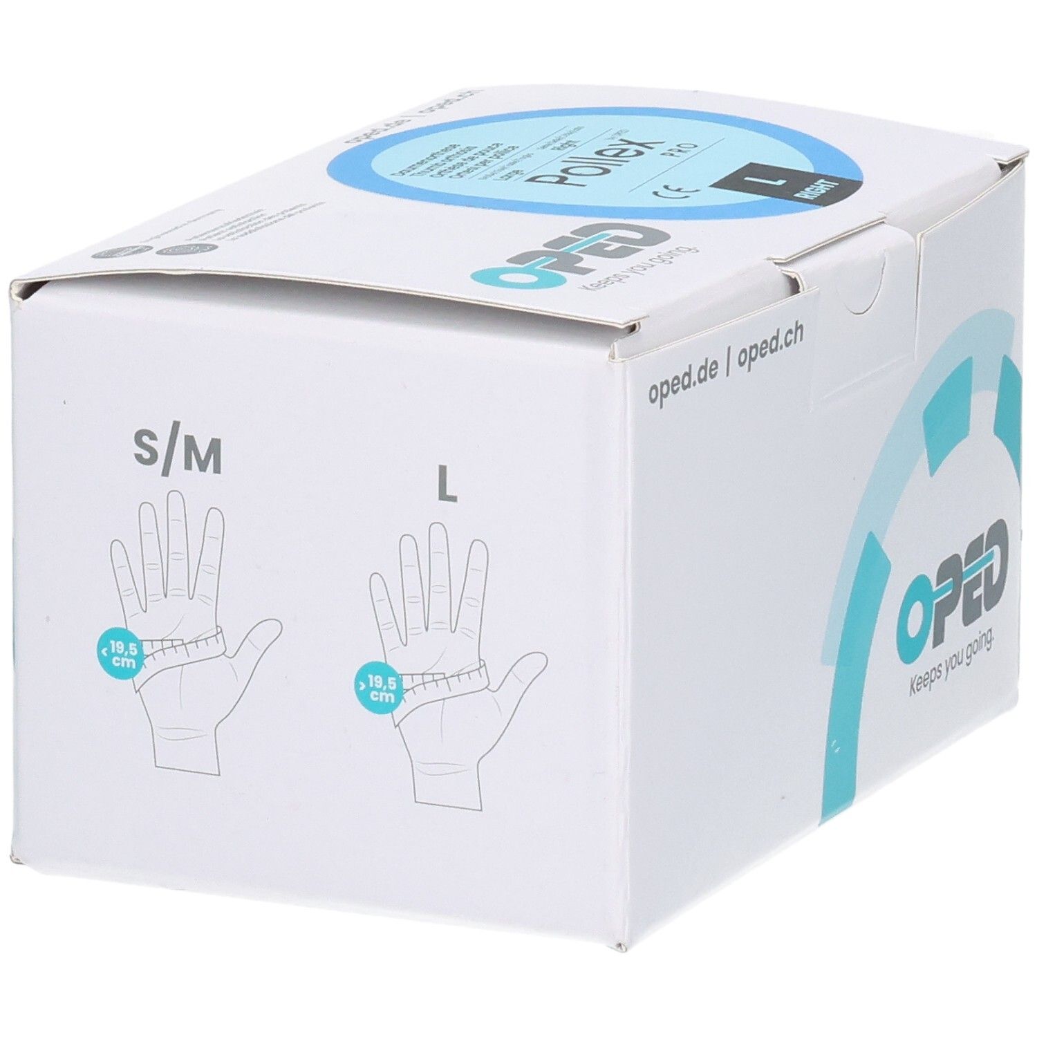 Verpackung mit Größenangabe (L) und Handmessung für OPED Pollex Pro.