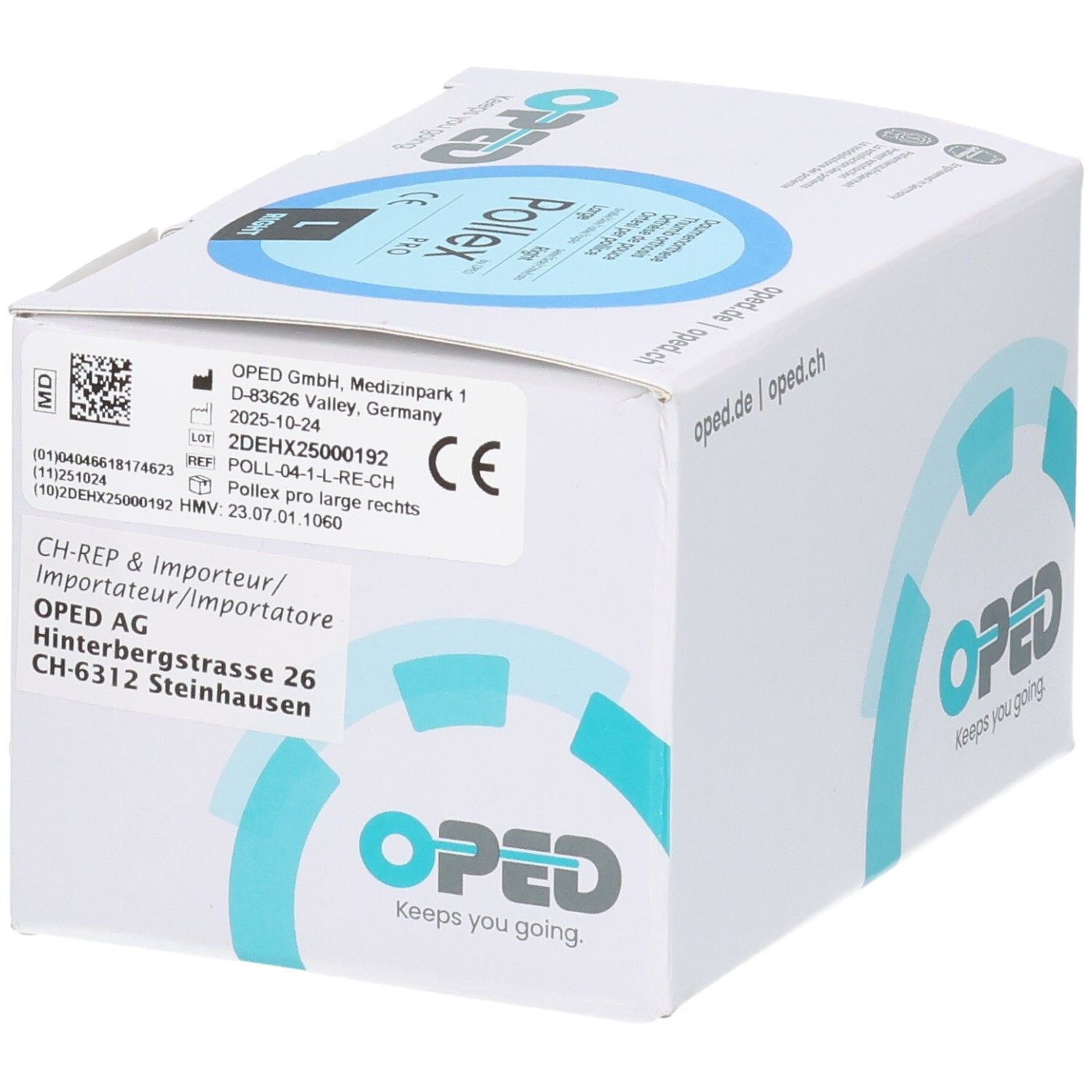 Rückseite der OPED Pollex Pro Verpackung mit Hersteller- und Produktinformationen.