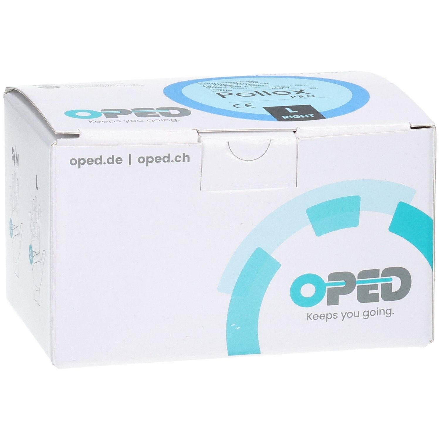 Verpackung des OPED Pollex Pro Daumenfixierung, Größe L, rechts, mit Logo.
