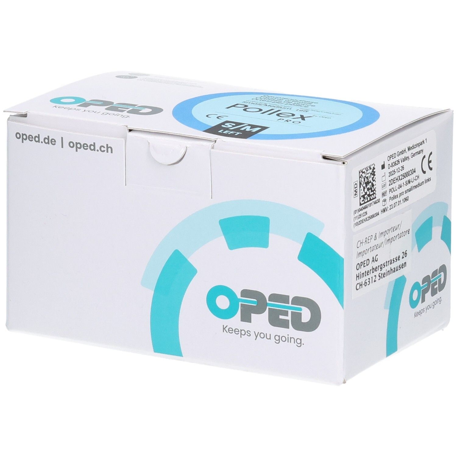 Verpackung des OPED Pollex Pro Daumenfixierung, Größe S/M, links.