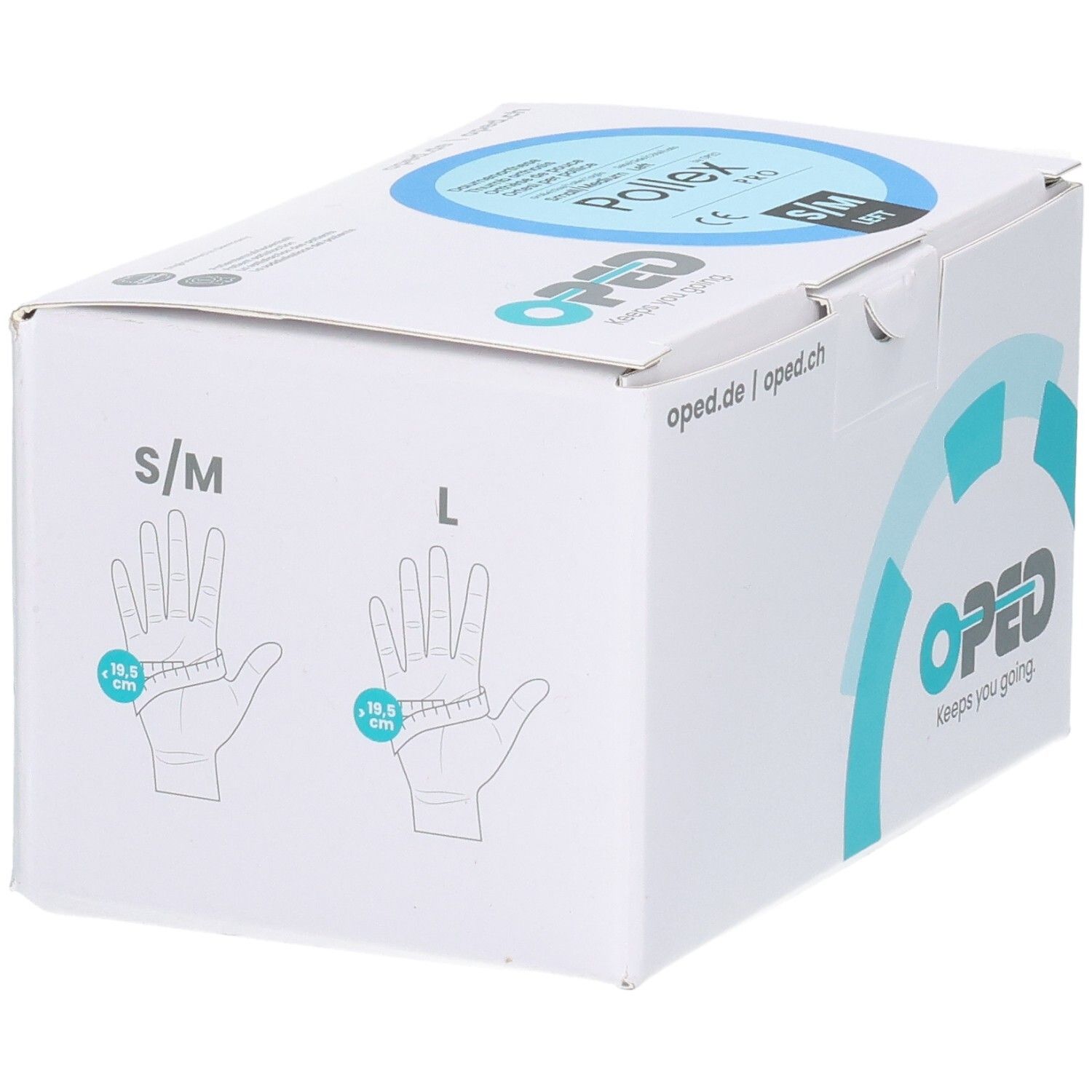 Verpackung mit Größenangabe S/M und L für Daumenfixierung, mit Handmessung.