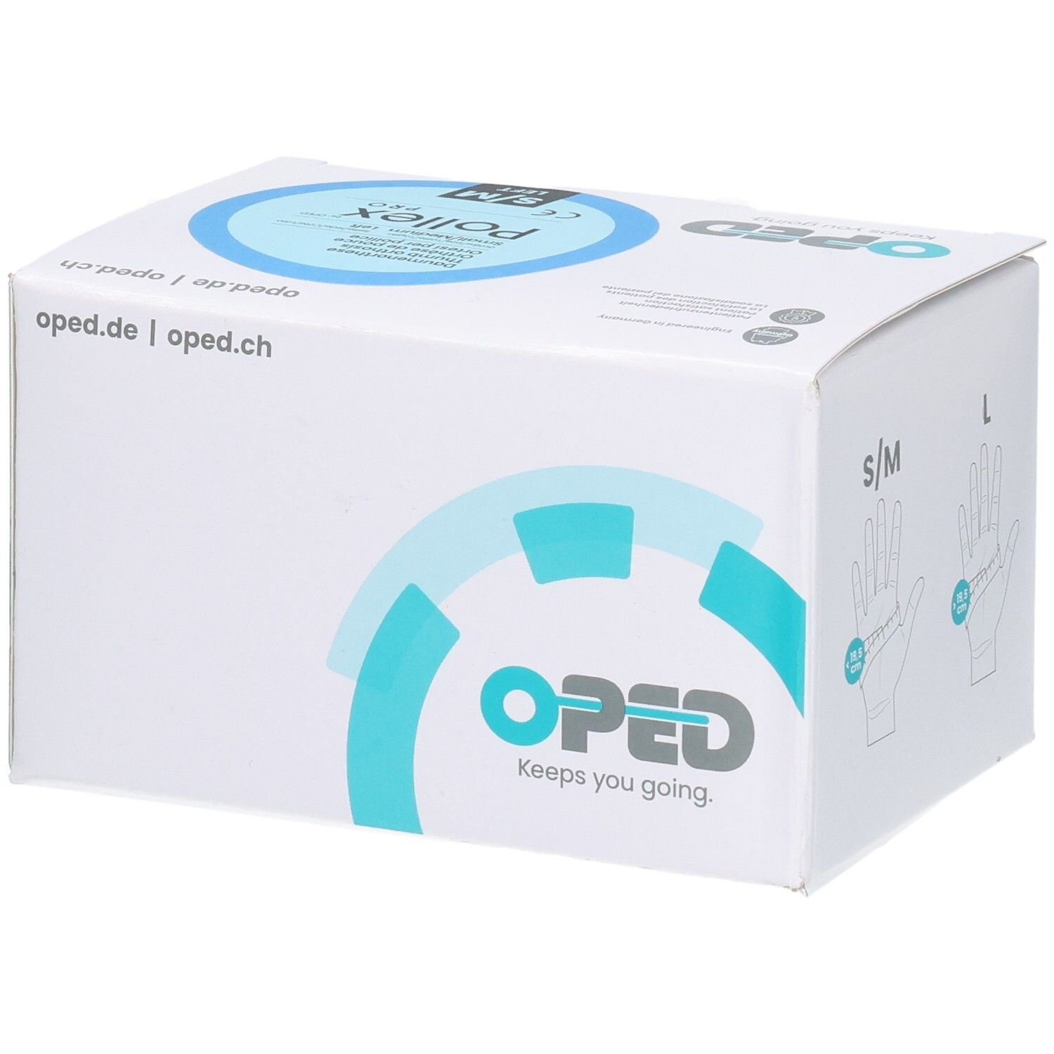 Verpackung des OPED Pollex Pro Daumenfixierung, Größe S/M, links, mit grafischer Darstellung.
