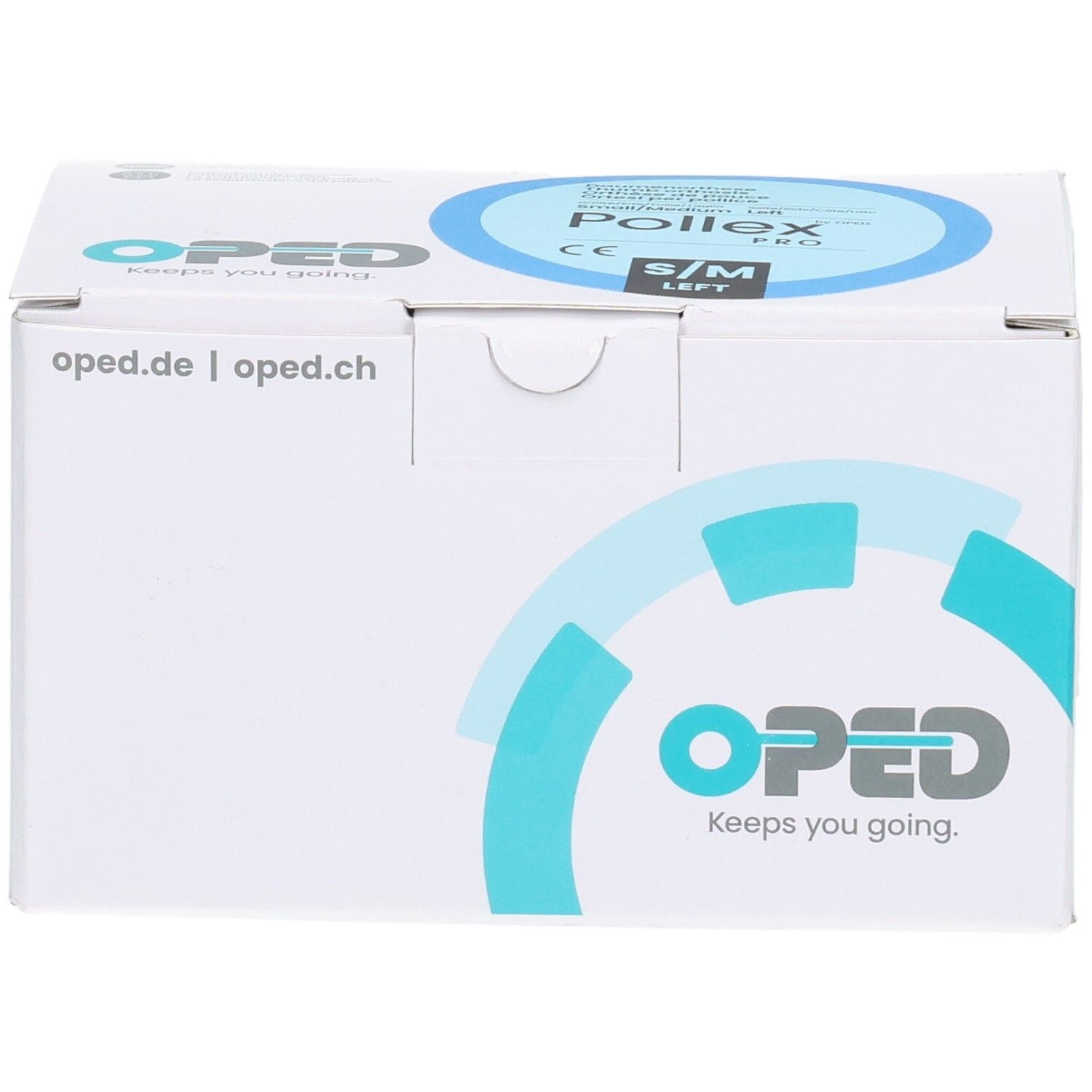 Vorderseite der Verpackung des OPED Pollex Pro Daumenfixierung, Größe S/M, links.