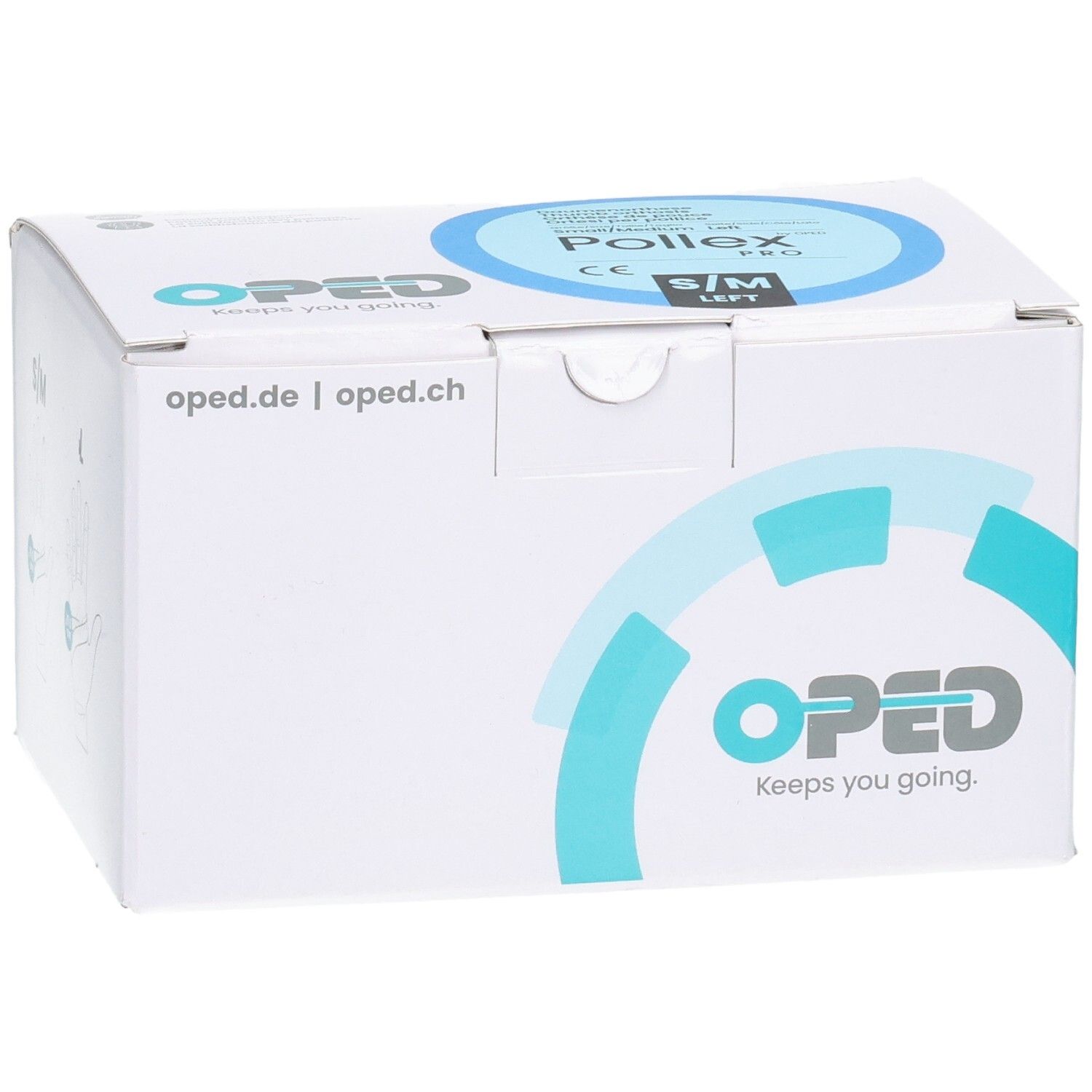 Verpackung des OPED Pollex Pro Daumenfixierung, Größe S/M, links, mit Logo.