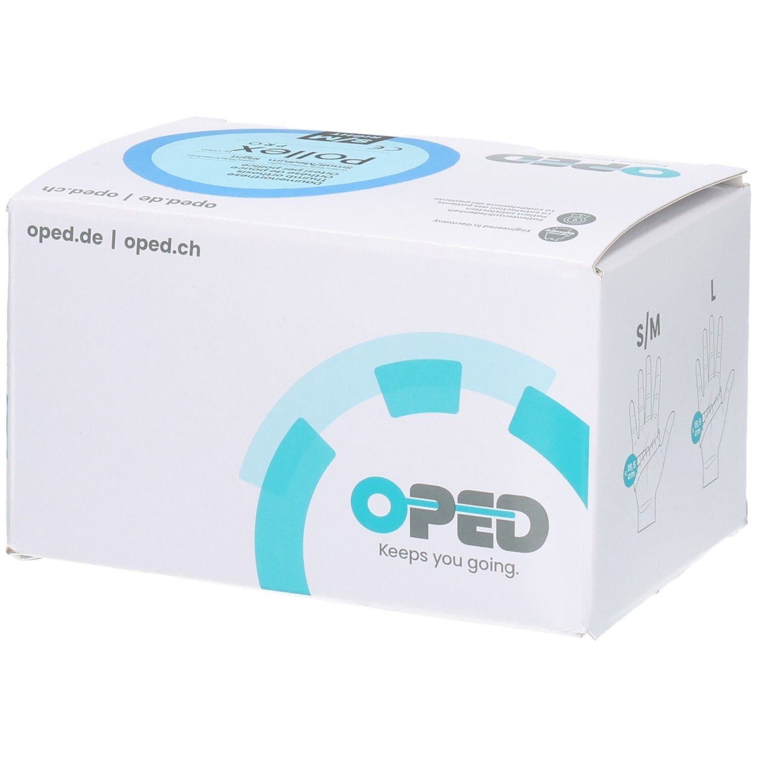 Verpackung des OPED Pollex Pro Daumenfixierung, Größe S/M, rechts, mit Größentabelle.