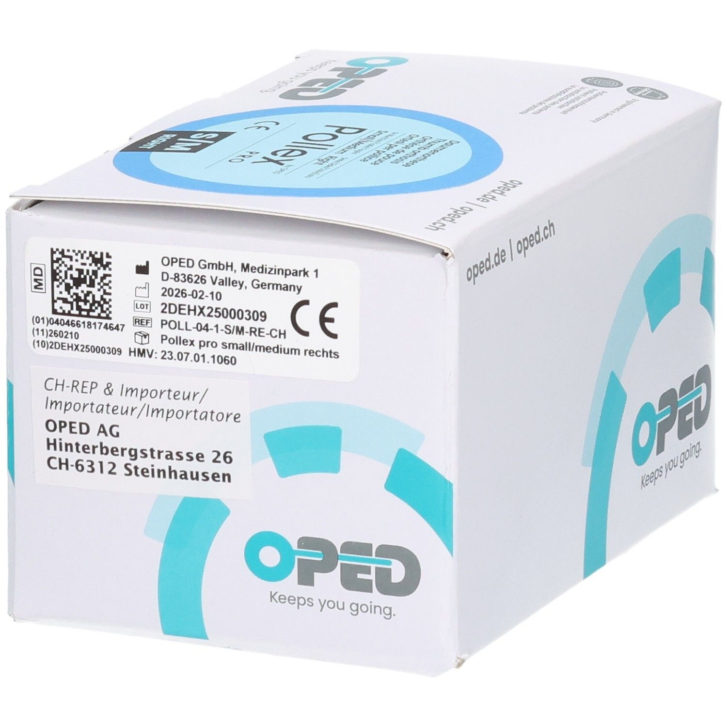 Verpackung des OPED Pollex Pro Daumenfixierung, Größe S/M, rechts, mit Herstellerangaben.