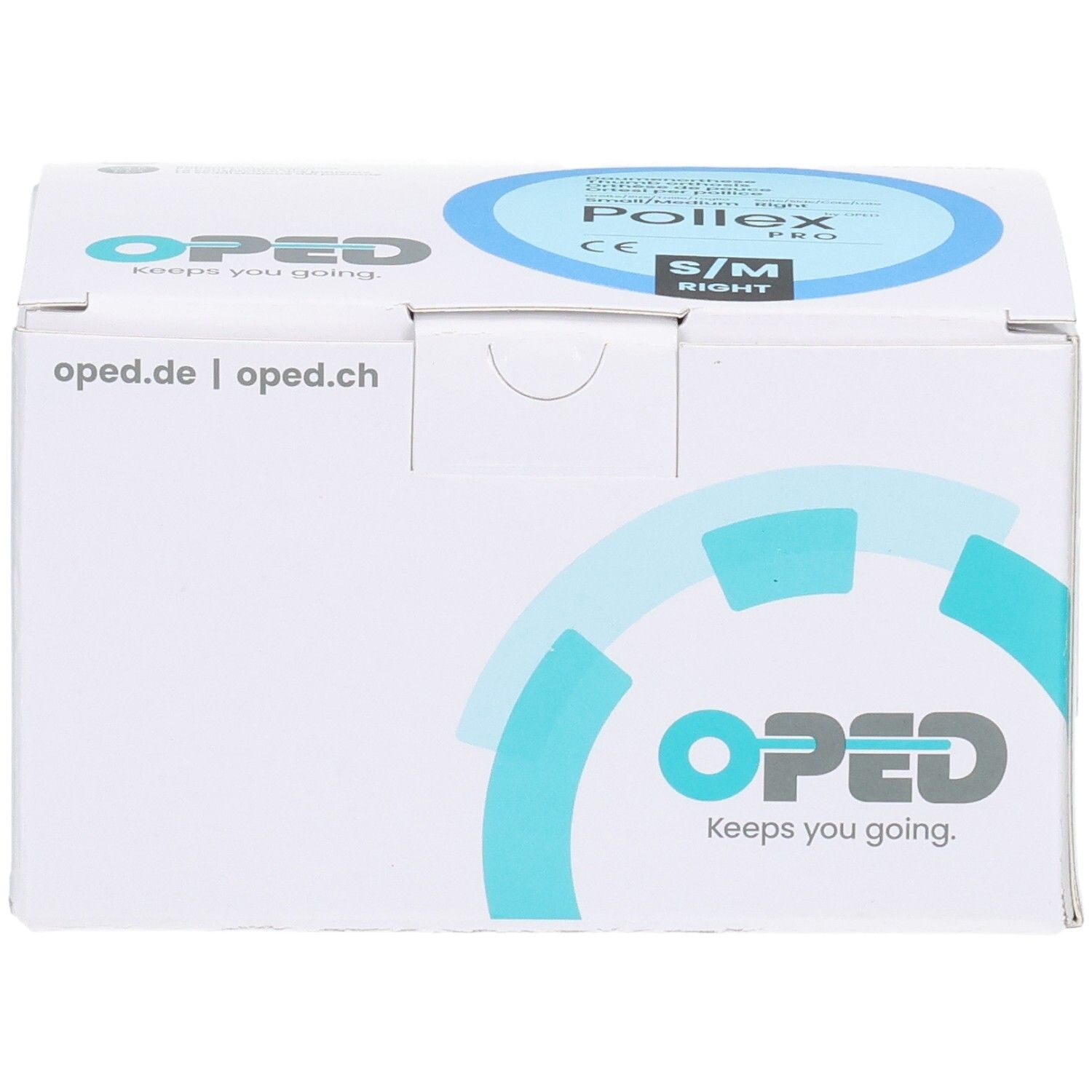Verpackung des OPED Pollex Pro Daumenfixierung, Größe S/M, rechts, mit Logo und Website.