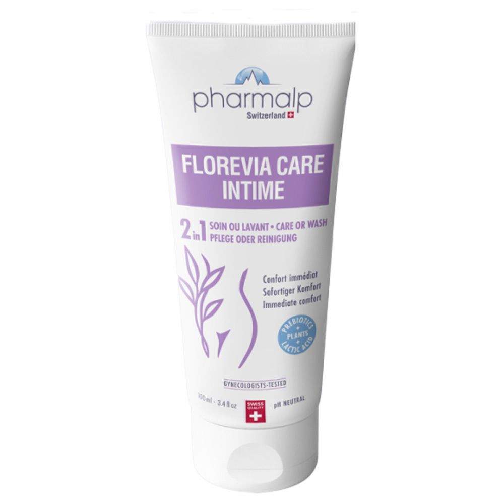 Tube mit Florevia Care Intime 2-in-1 Intimpflege, lila und weiß.