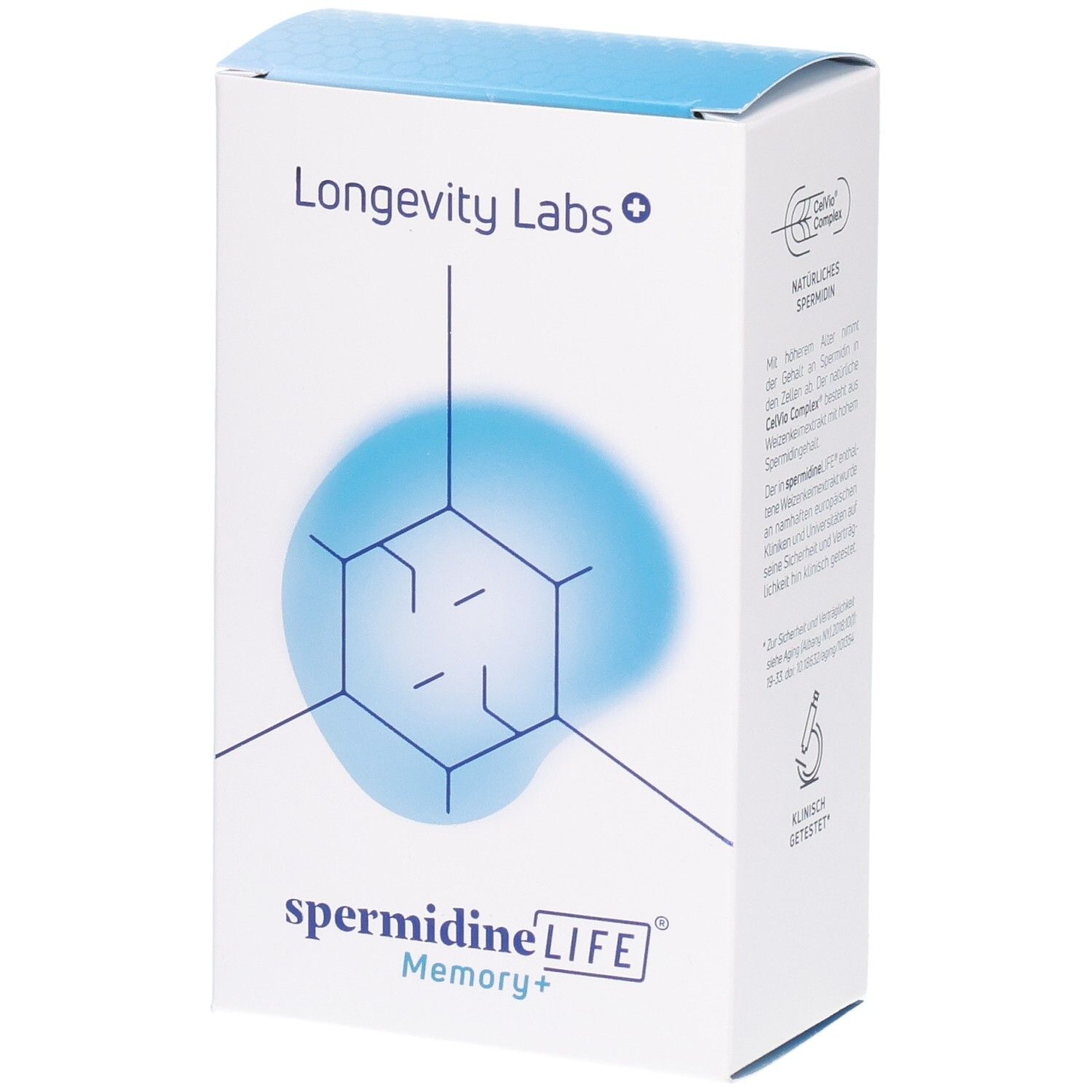 Emballage Longevity Labs SpermidineLIFE Memory+ avec logo et design moléculaire.
