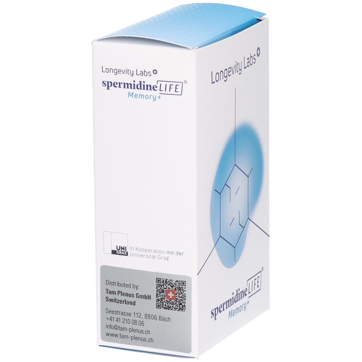 Emballage Longevity Labs SpermidineLIFE Memory+ avec informations sur le fabricant et le distributeur.